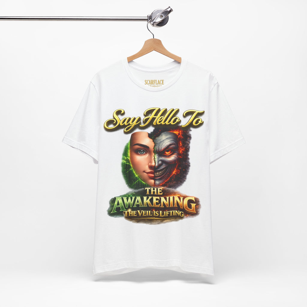 Horror Mask Split Face Tee — "Say Hello To Your Family and Friends" Graphic T-Shirt Printify