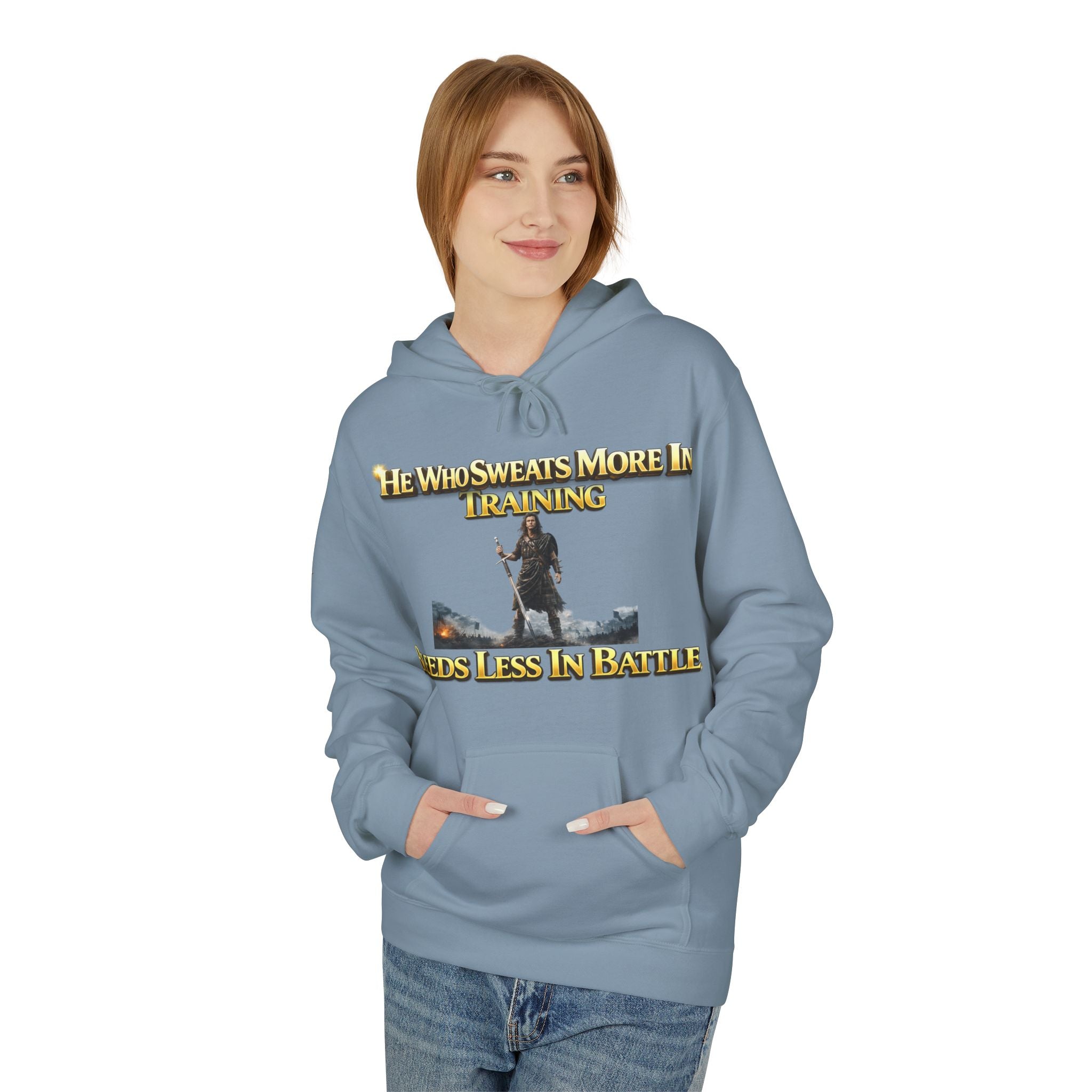 Warrior Training Hoodie — "He Who Sweats More in Training Bleeds Less in Battle" Printify