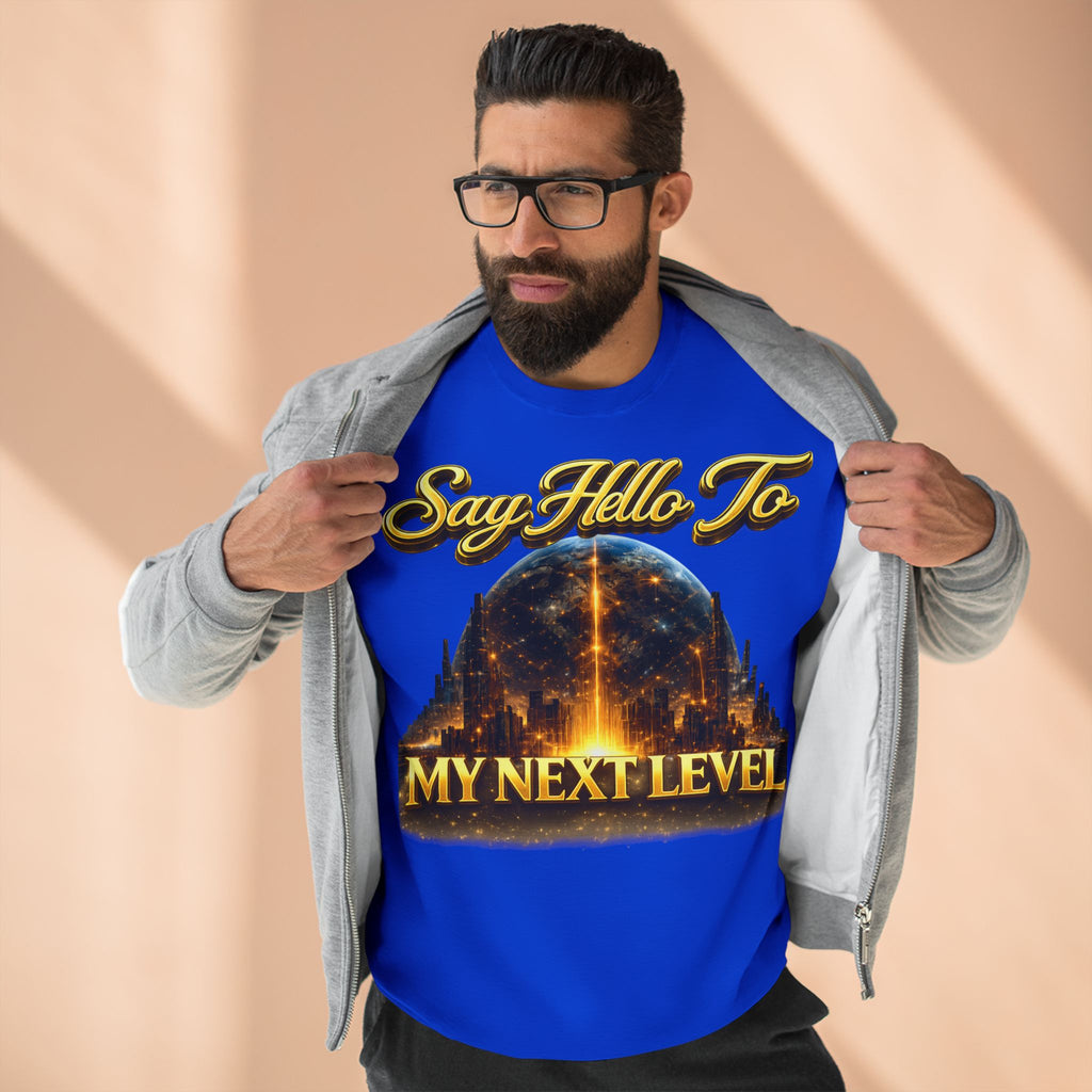 Crewneck Sweatshirt — "Say Hello to My Next Level" Golden Sci‑Fi City Graphic Printify
