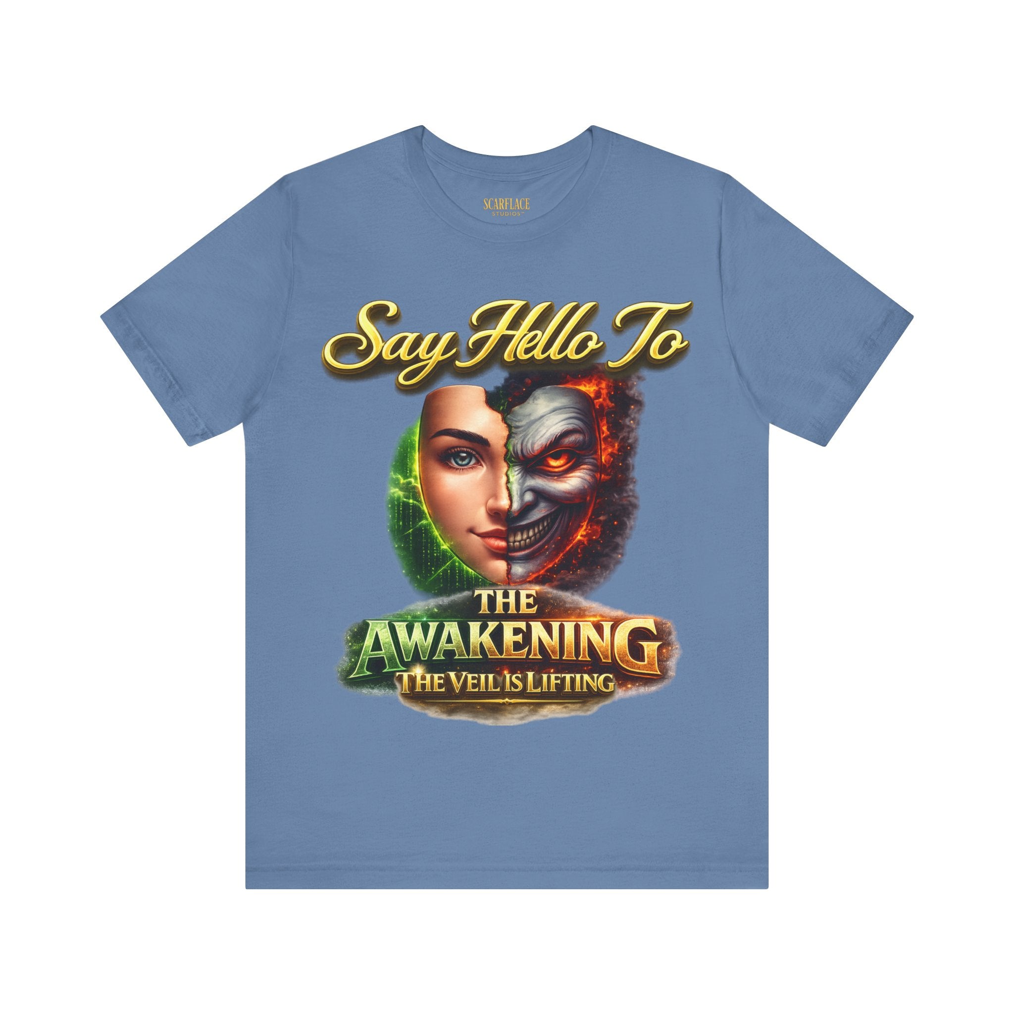 Horror Mask Split Face Tee — "Say Hello To Your Family and Friends" Graphic T-Shirt Printify