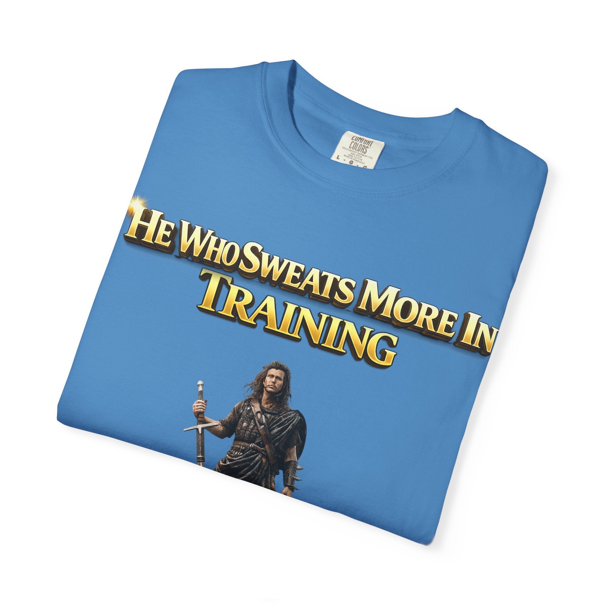 Training Warrior T-Shirt — "He Who Sweats More in Training Bleeds Less in Battle" Printify