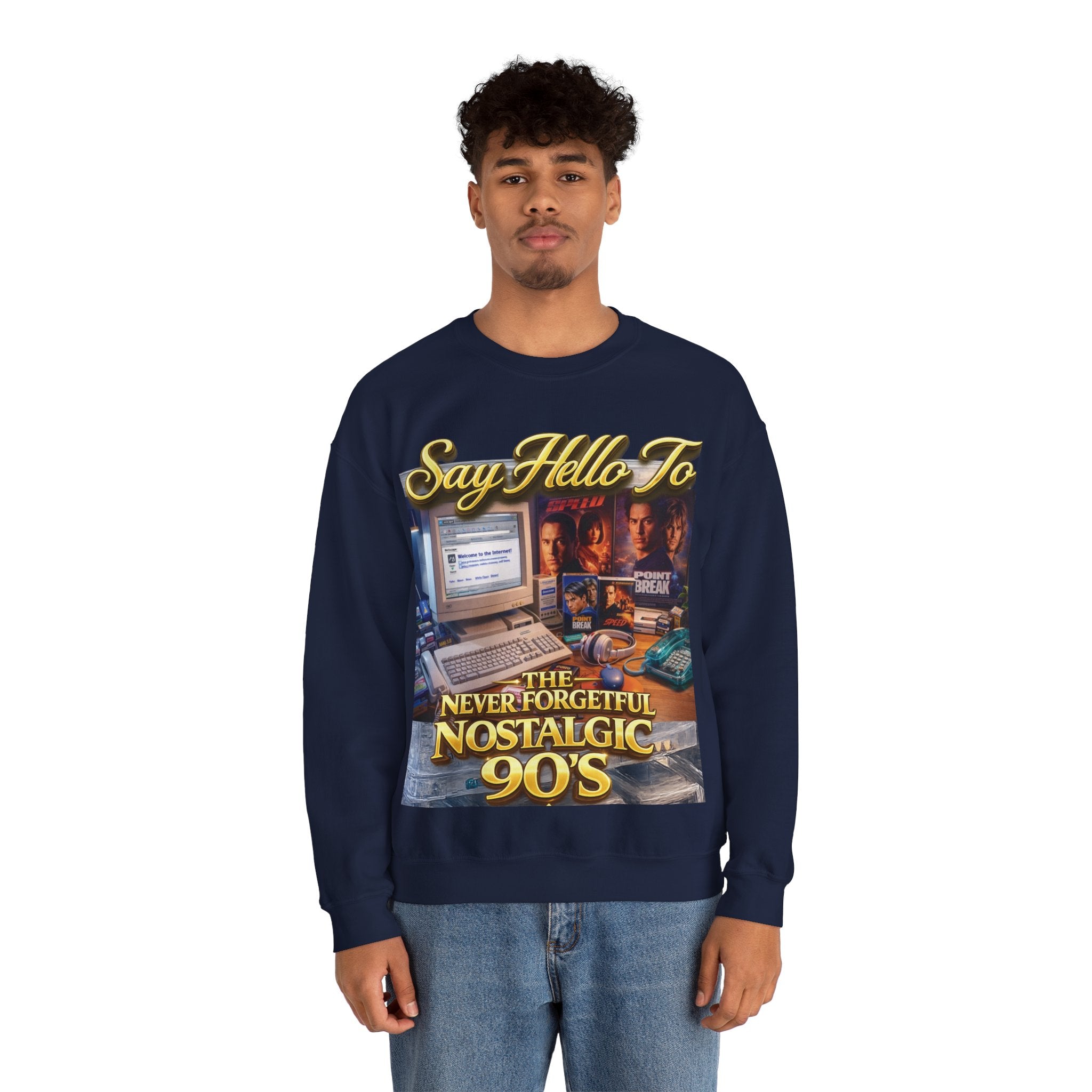 90s Nostalgia Crewneck Sweatshirt – "Say Hello To The Never Forgetful Nostalgic 90's" Printify