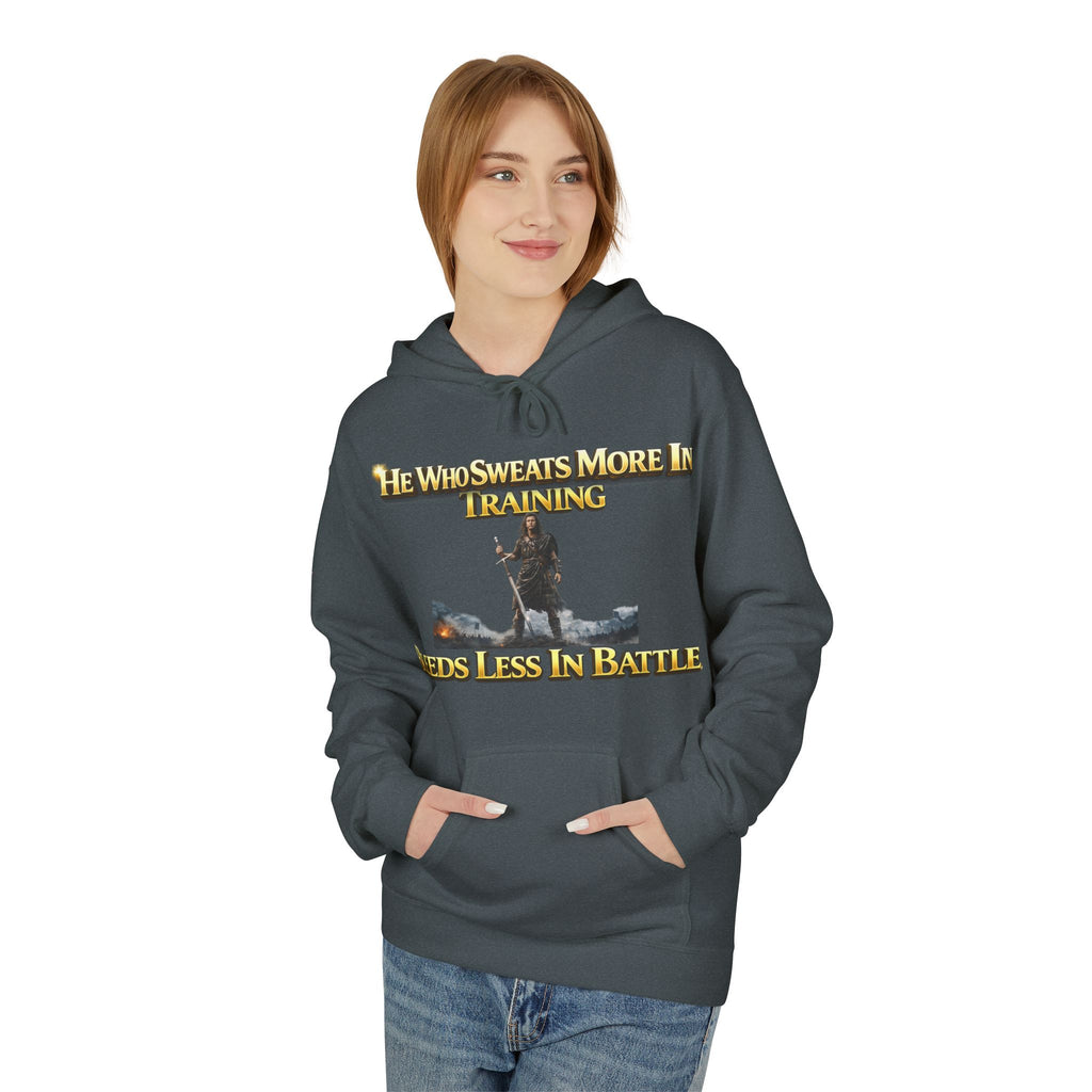 Warrior Training Hoodie — "He Who Sweats More in Training Bleeds Less in Battle" Printify
