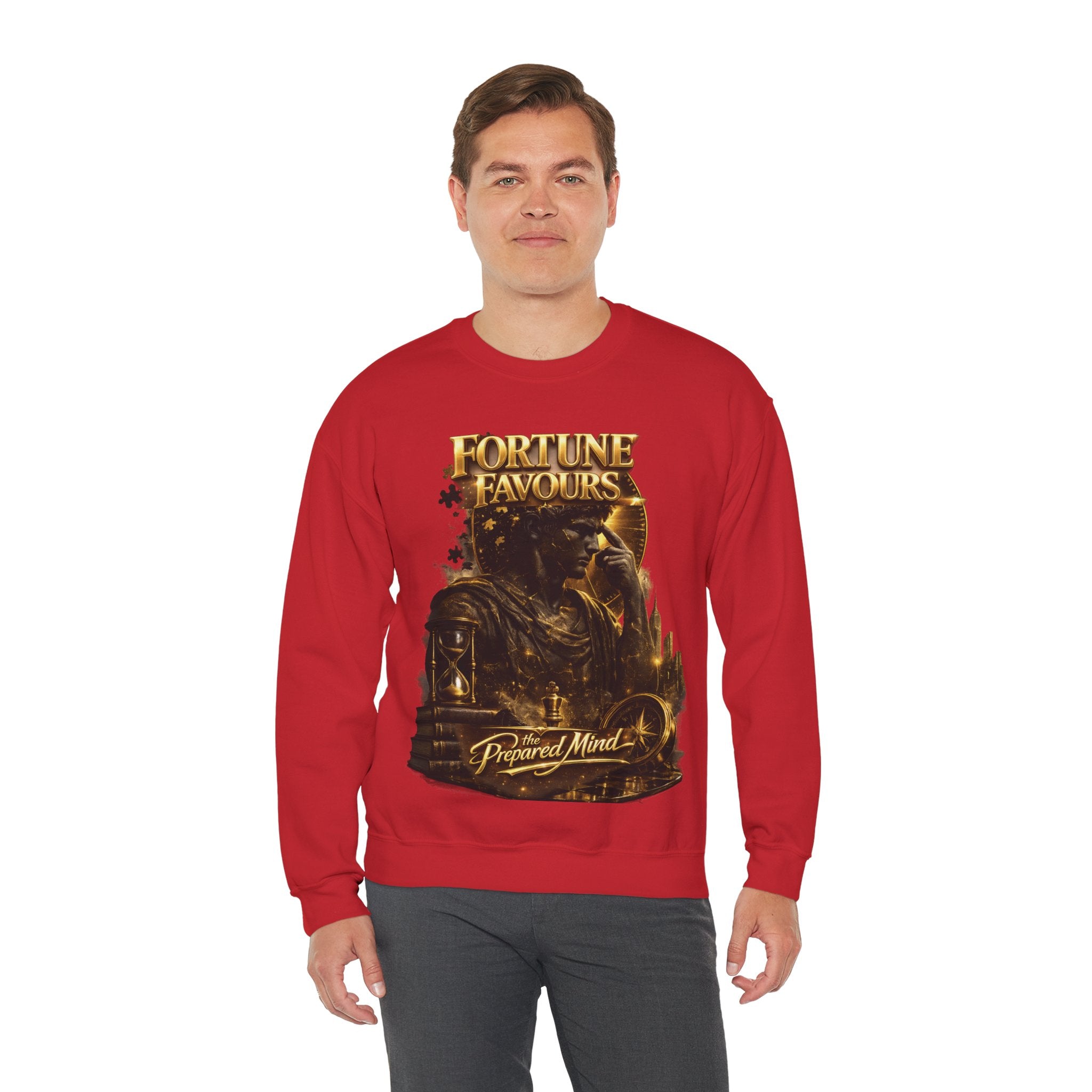 Crewneck Sweatshirt — "Fortune Favors the Prepared Mind" Motivational Design Printify