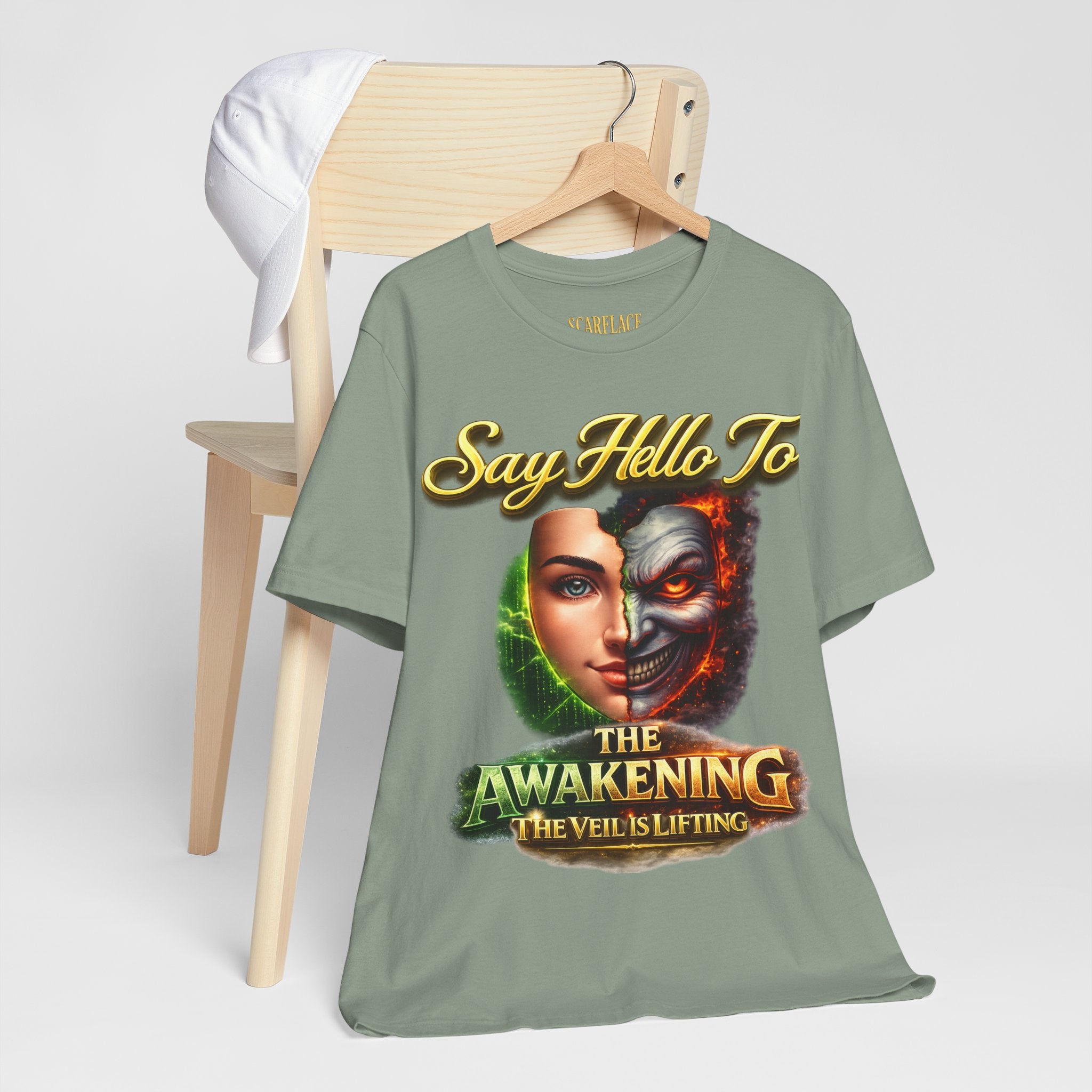 Horror Mask Split Face Tee — "Say Hello To Your Family and Friends" Graphic T-Shirt Printify