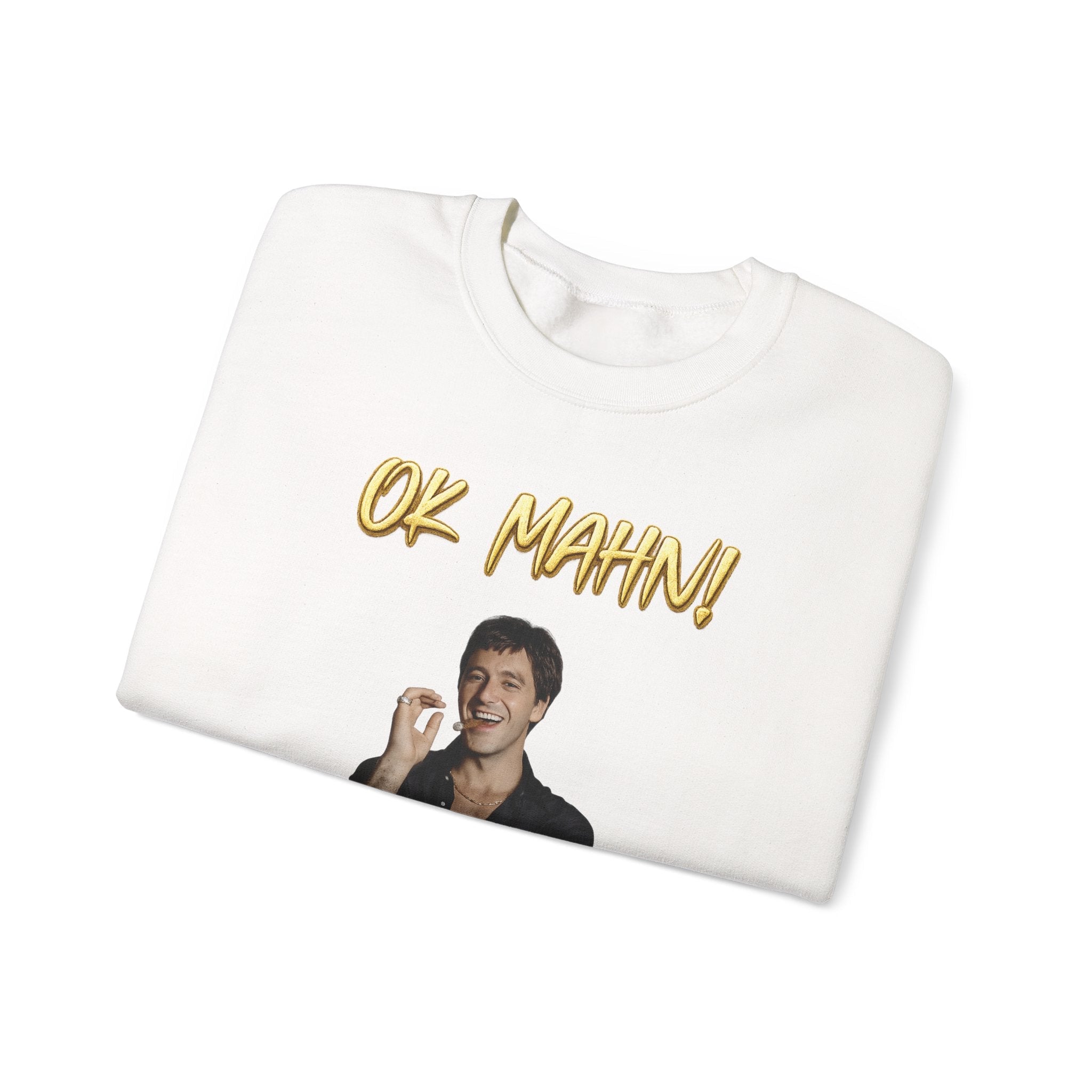 Crewneck Sweatshirt — 'Ok Mahn!' Gold Script Minimalist Streetwear Printify