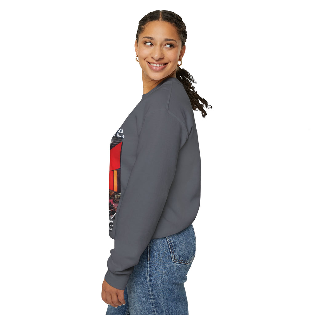 Crewneck Sweatshirt — Times Square Photo with Motivational Script “Nothing Out Here Helps You… That’s What Makes You Stronger” Printify