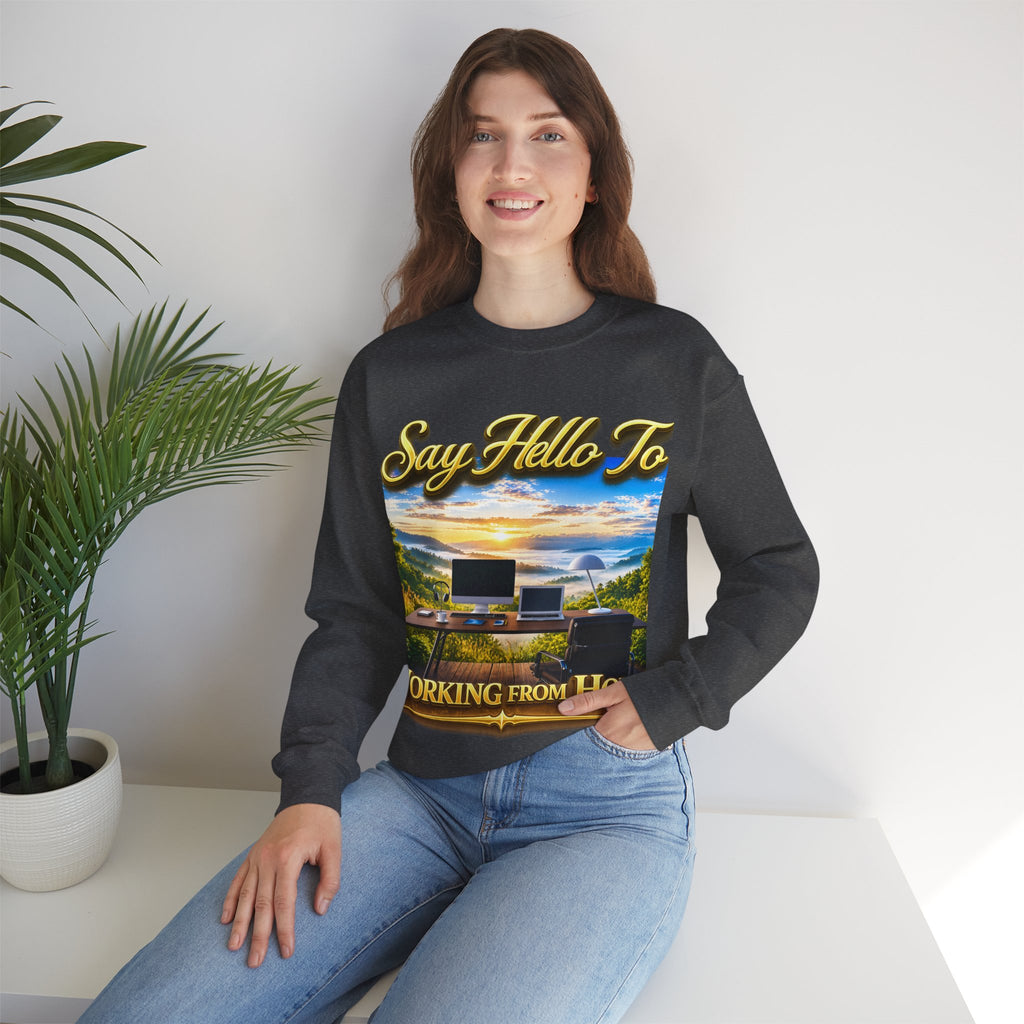 Working From Home Sweatshirt – "Say Hello To" Scenic Home Office Crewneck Printify