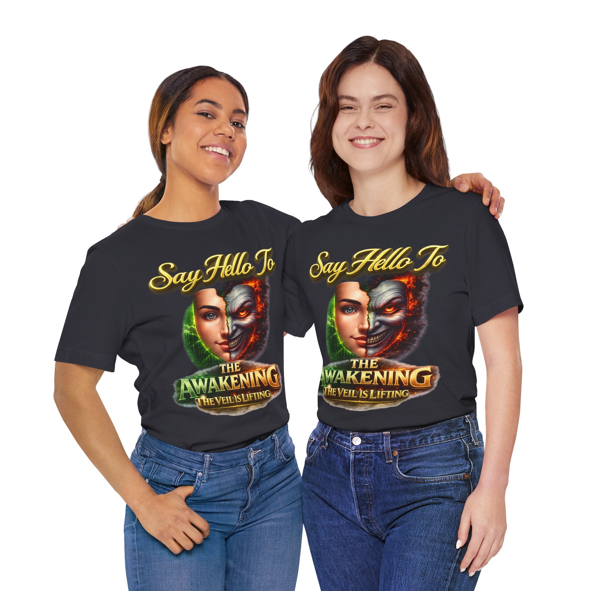 Horror Mask Split Face Tee — "Say Hello To Your Family and Friends" Graphic T-Shirt Printify