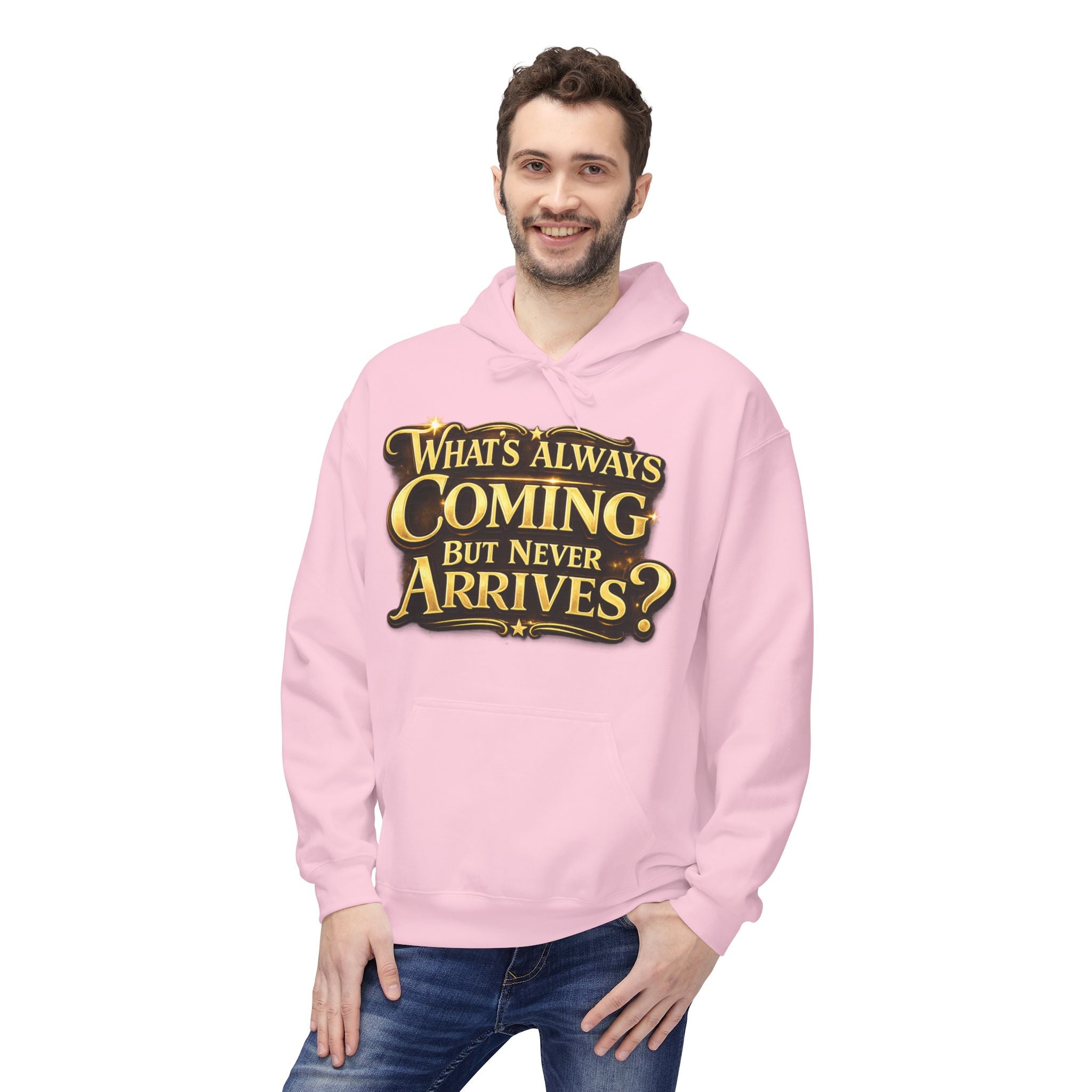 Tomorrow Hoodie — "What's Always Coming But Never Arrives?" Vintage Quote Hoodie Printify