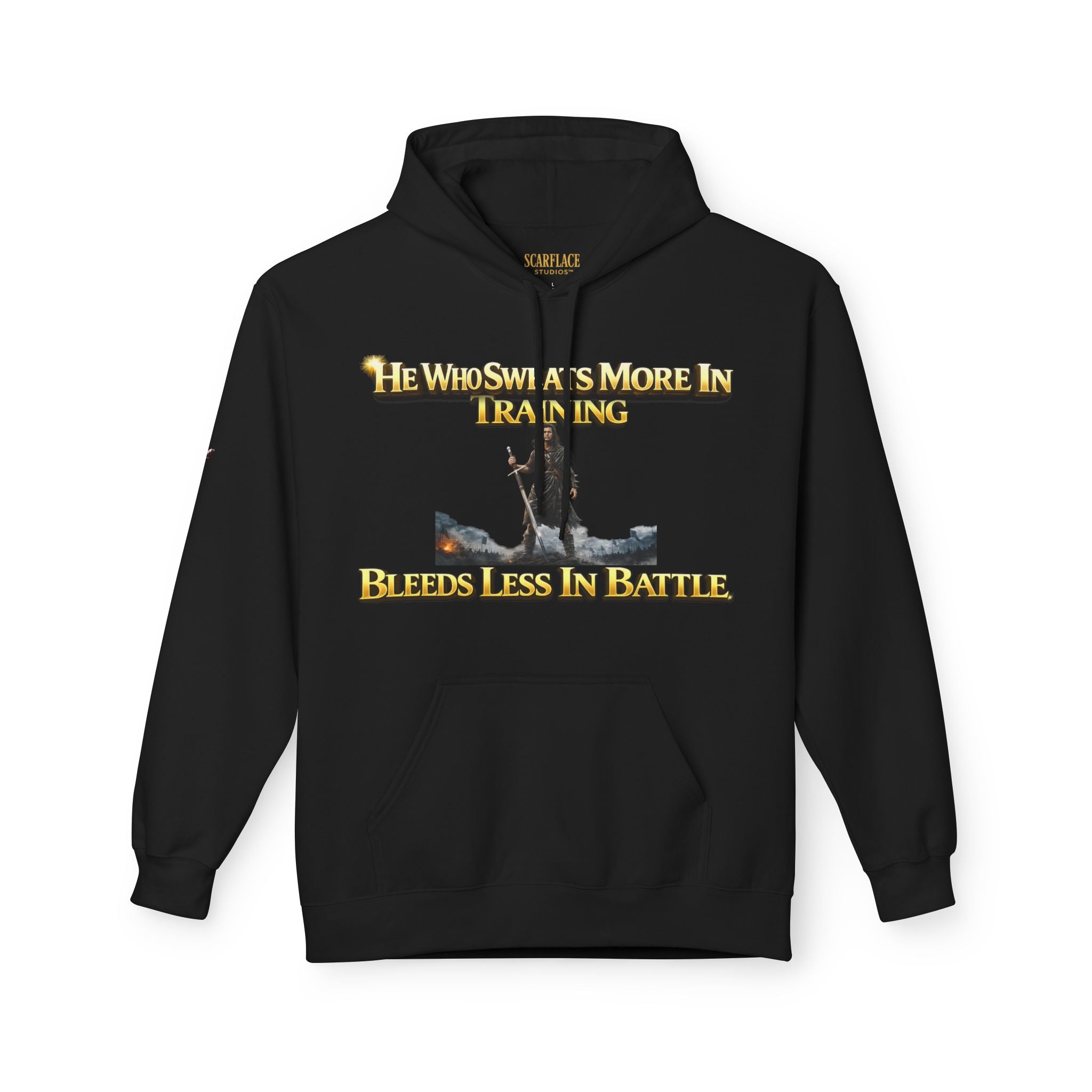 Warrior Training Hoodie — "He Who Sweats More in Training Bleeds Less in Battle" Printify