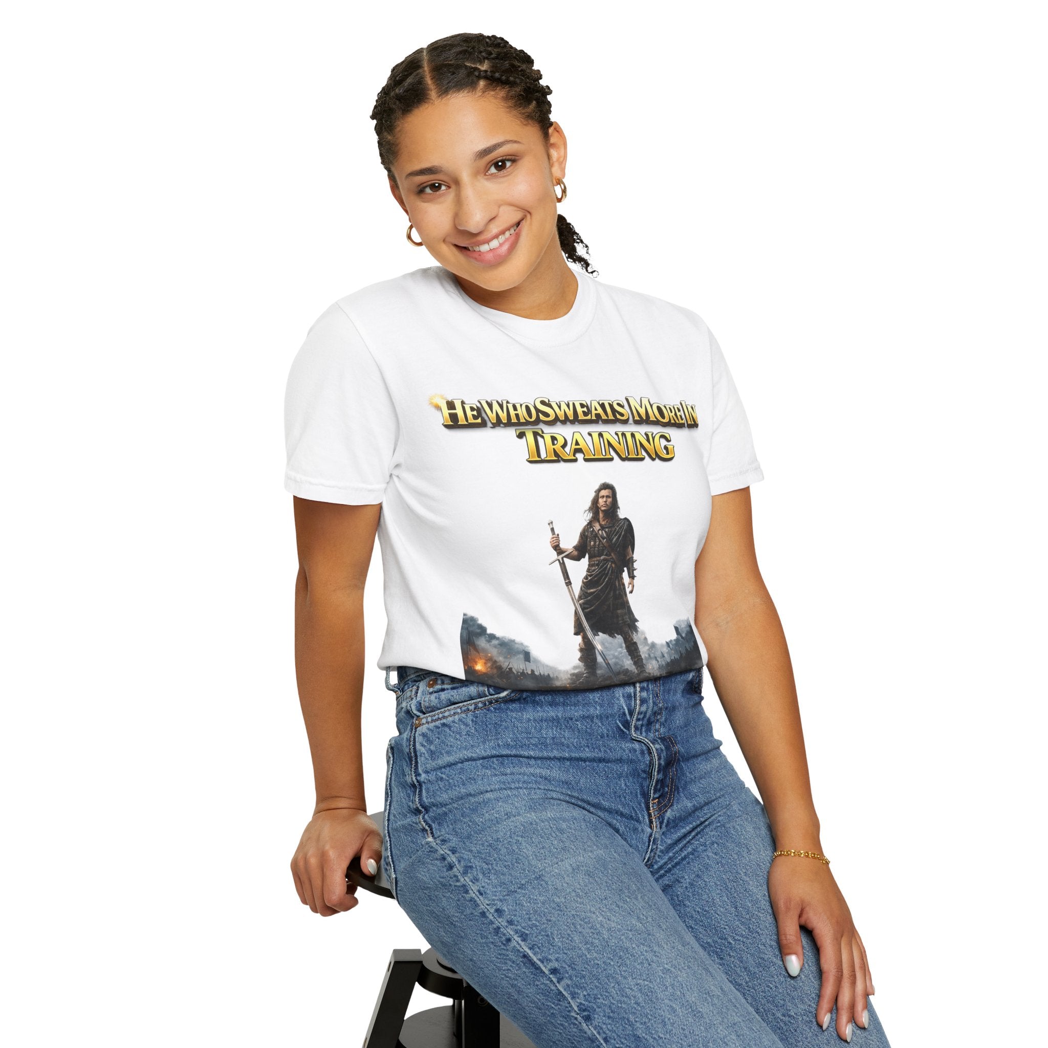 Training Warrior T-Shirt — "He Who Sweats More in Training Bleeds Less in Battle" Printify