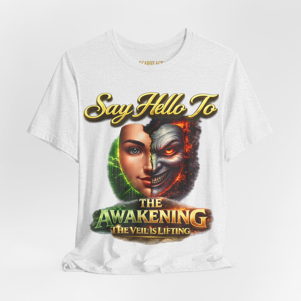 Horror Mask Split Face Tee — "Say Hello To Your Family and Friends" Graphic T-Shirt Printify