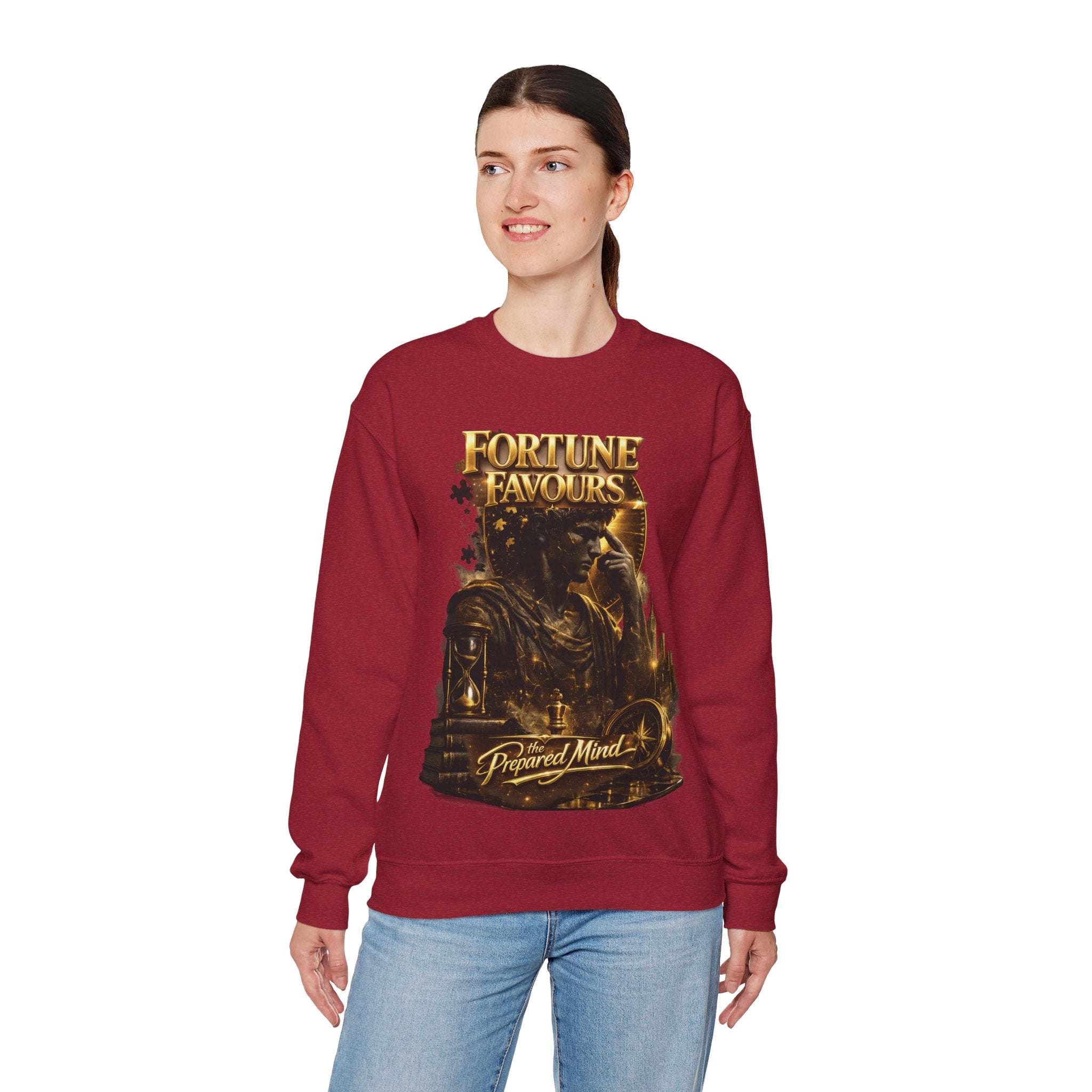 Crewneck Sweatshirt — "Fortune Favors the Prepared Mind" Motivational Design Printify