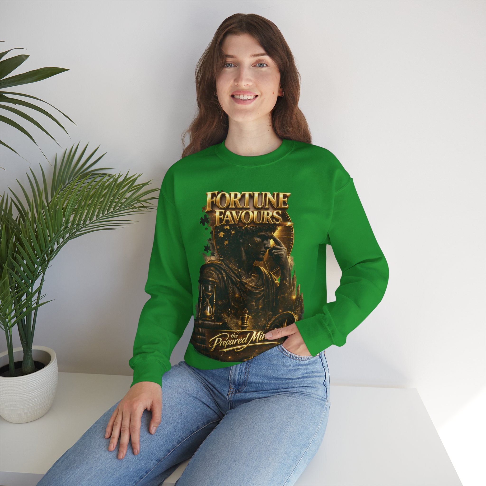 Crewneck Sweatshirt — "Fortune Favors the Prepared Mind" Motivational Design Printify