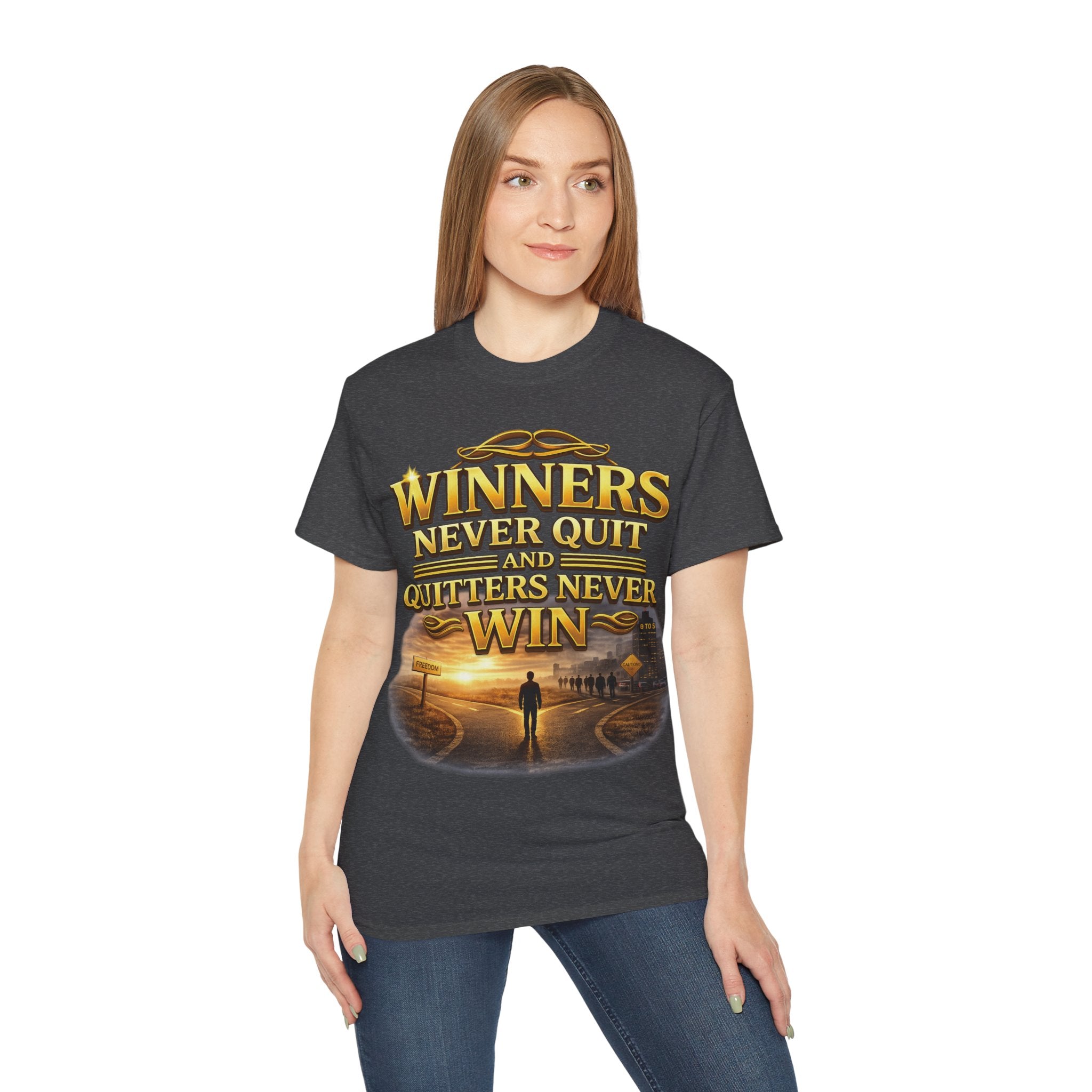 Winners Never Quit Inspirational Tee — Motivational Quote Shirt Printify