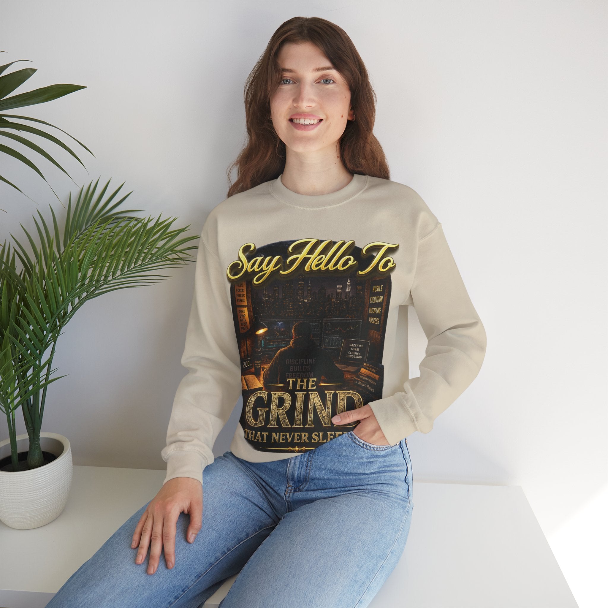 The Grind That Never Sleeps Crewneck Sweatshirt — Motivational Hustle Sweatshirt Printify