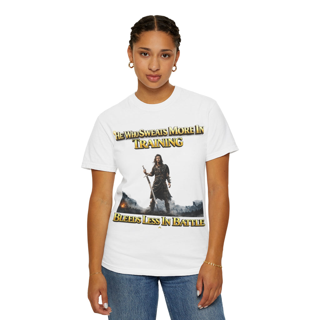 Training Warrior T-Shirt — "He Who Sweats More in Training Bleeds Less in Battle" Printify