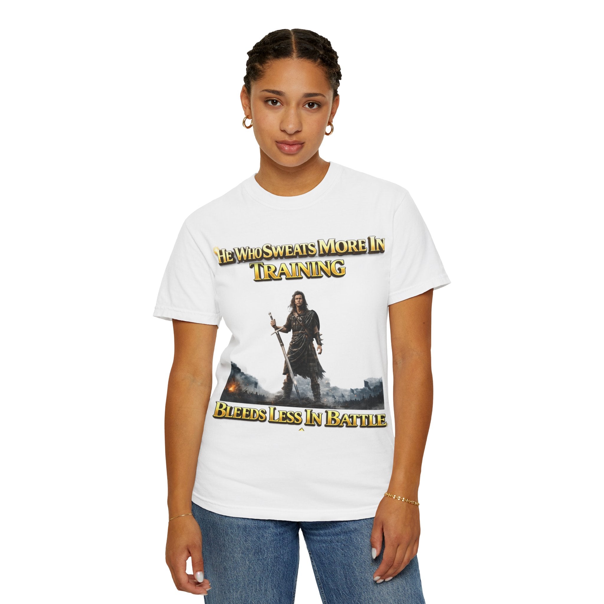 Training Warrior T-Shirt — "He Who Sweats More in Training Bleeds Less in Battle" Printify