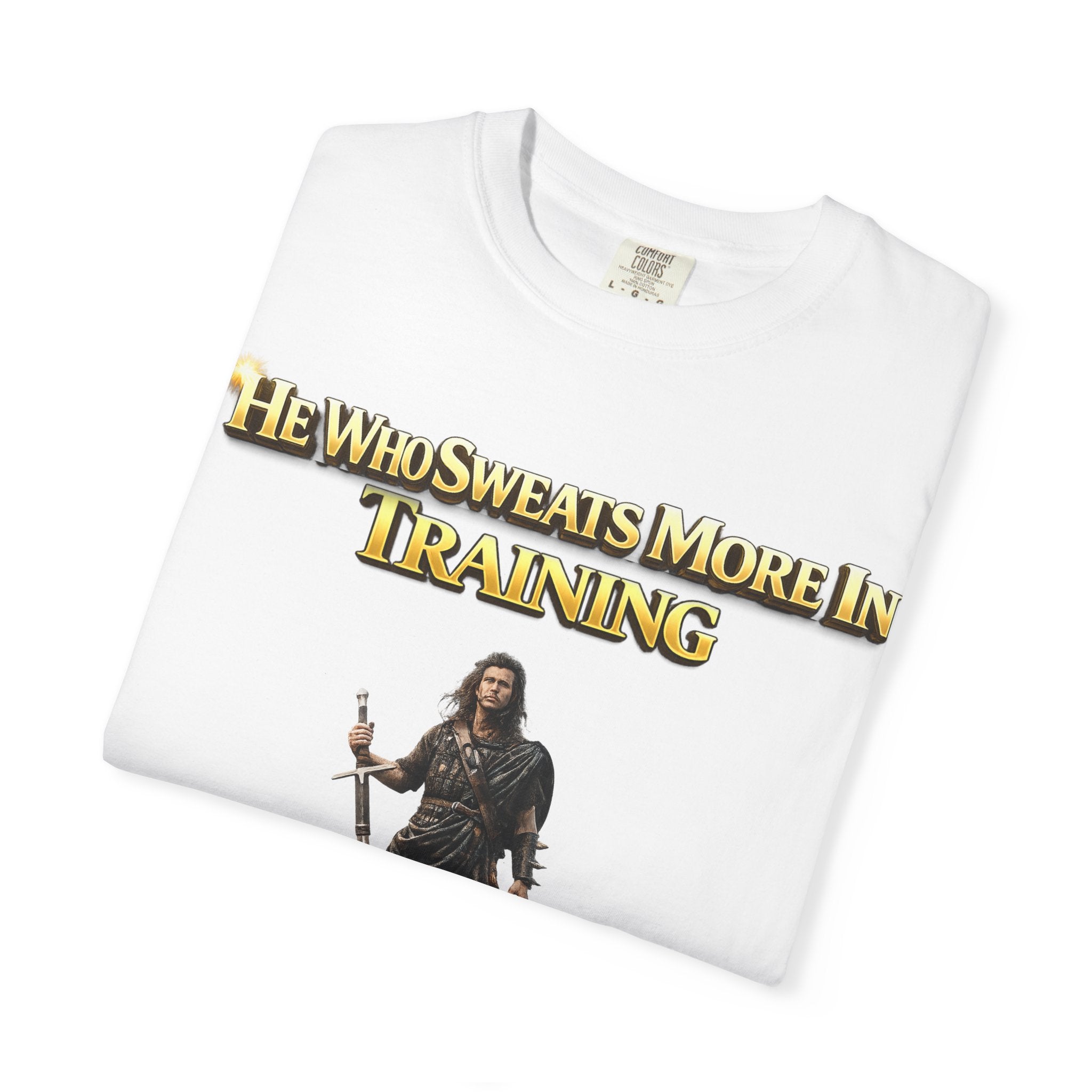 Training Warrior T-Shirt — "He Who Sweats More in Training Bleeds Less in Battle" Printify