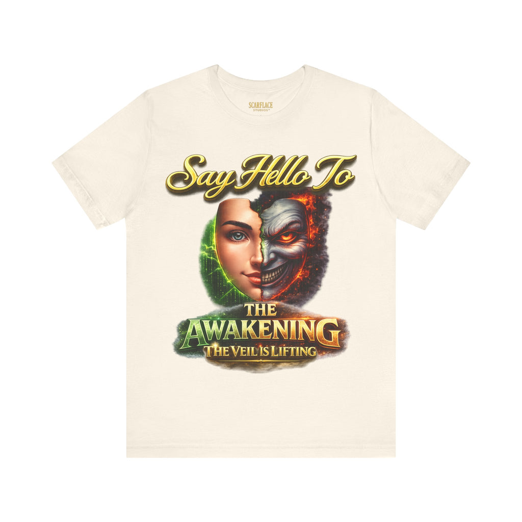 Horror Mask Split Face Tee — "Say Hello To Your Family and Friends" Graphic T-Shirt Printify