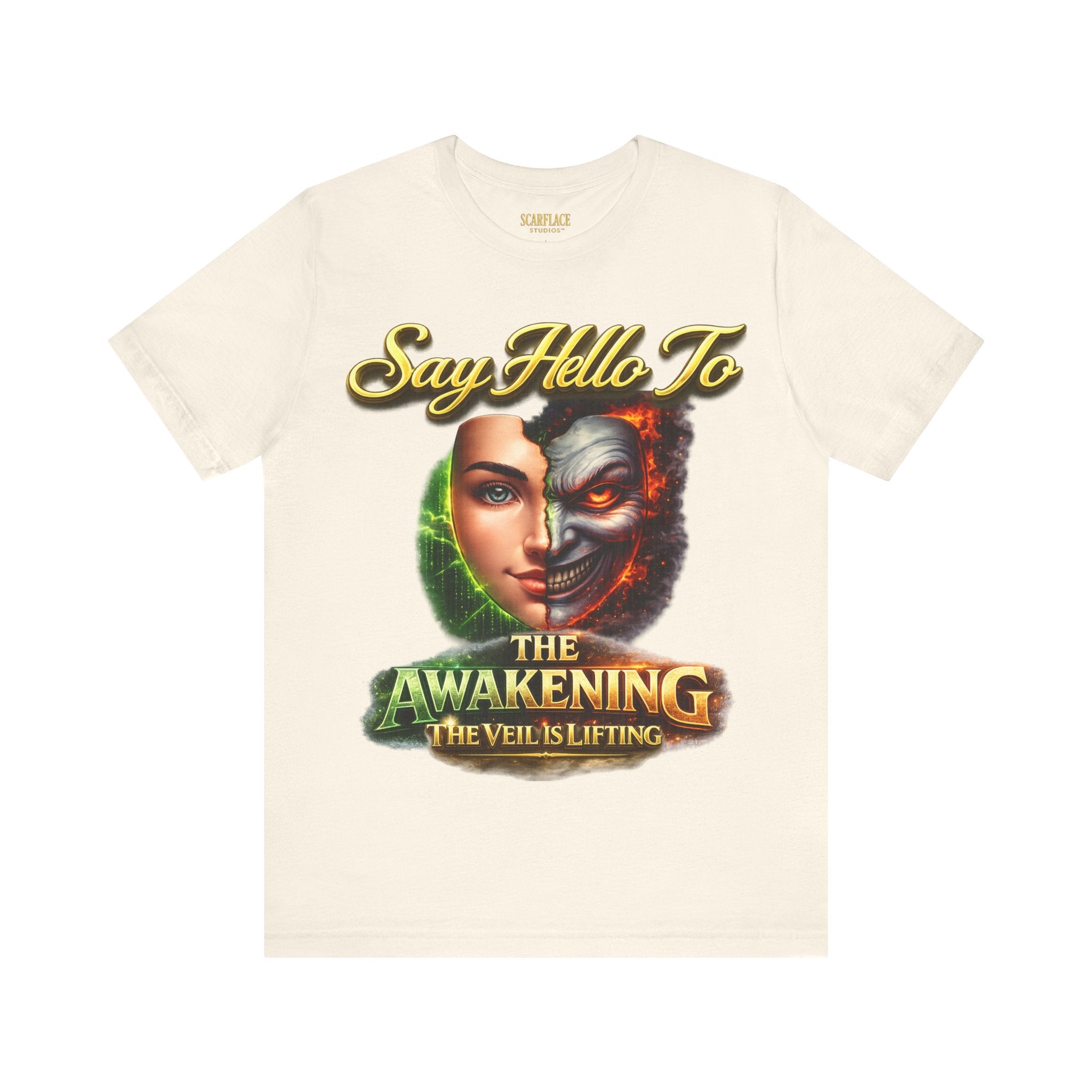 Horror Mask Split Face Tee — "Say Hello To Your Family and Friends" Graphic T-Shirt Printify