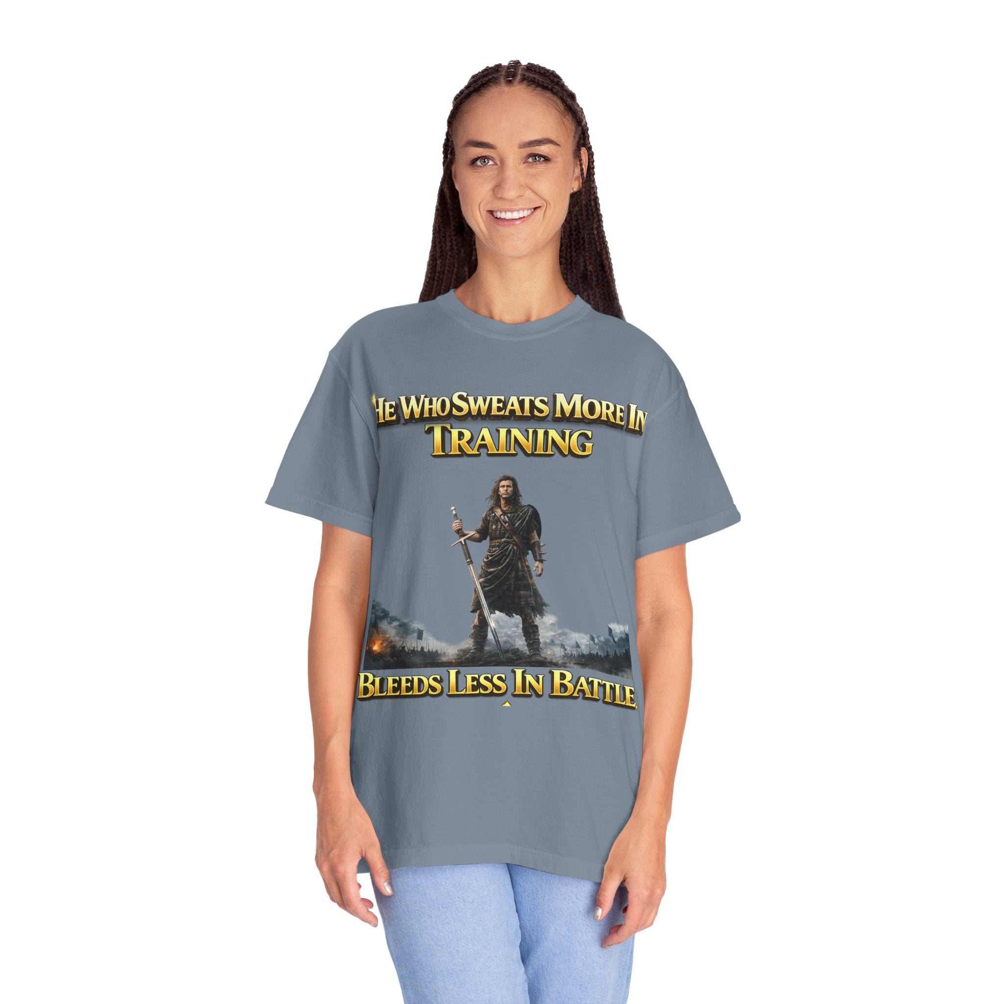 Training Warrior T-Shirt — "He Who Sweats More in Training Bleeds Less in Battle" Printify
