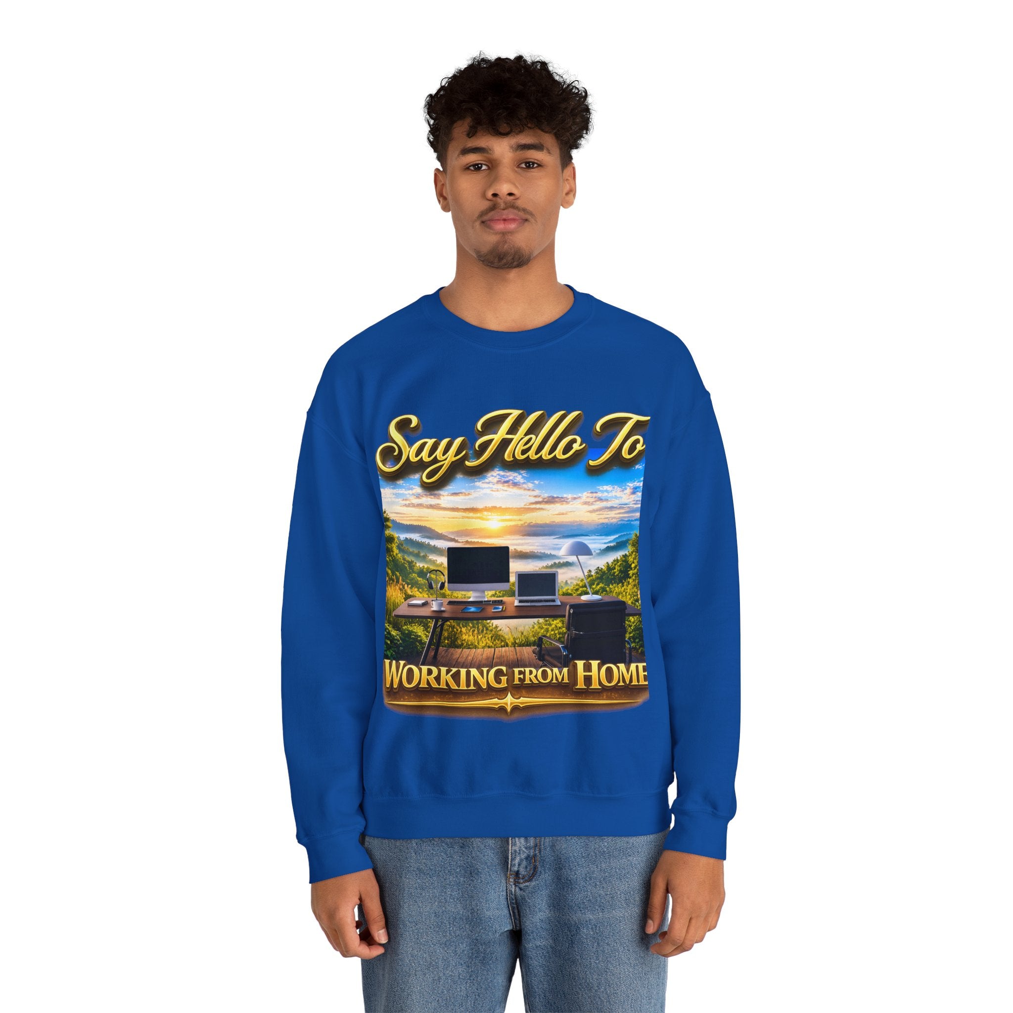 Working From Home Sweatshirt – "Say Hello To" Scenic Home Office Crewneck Printify