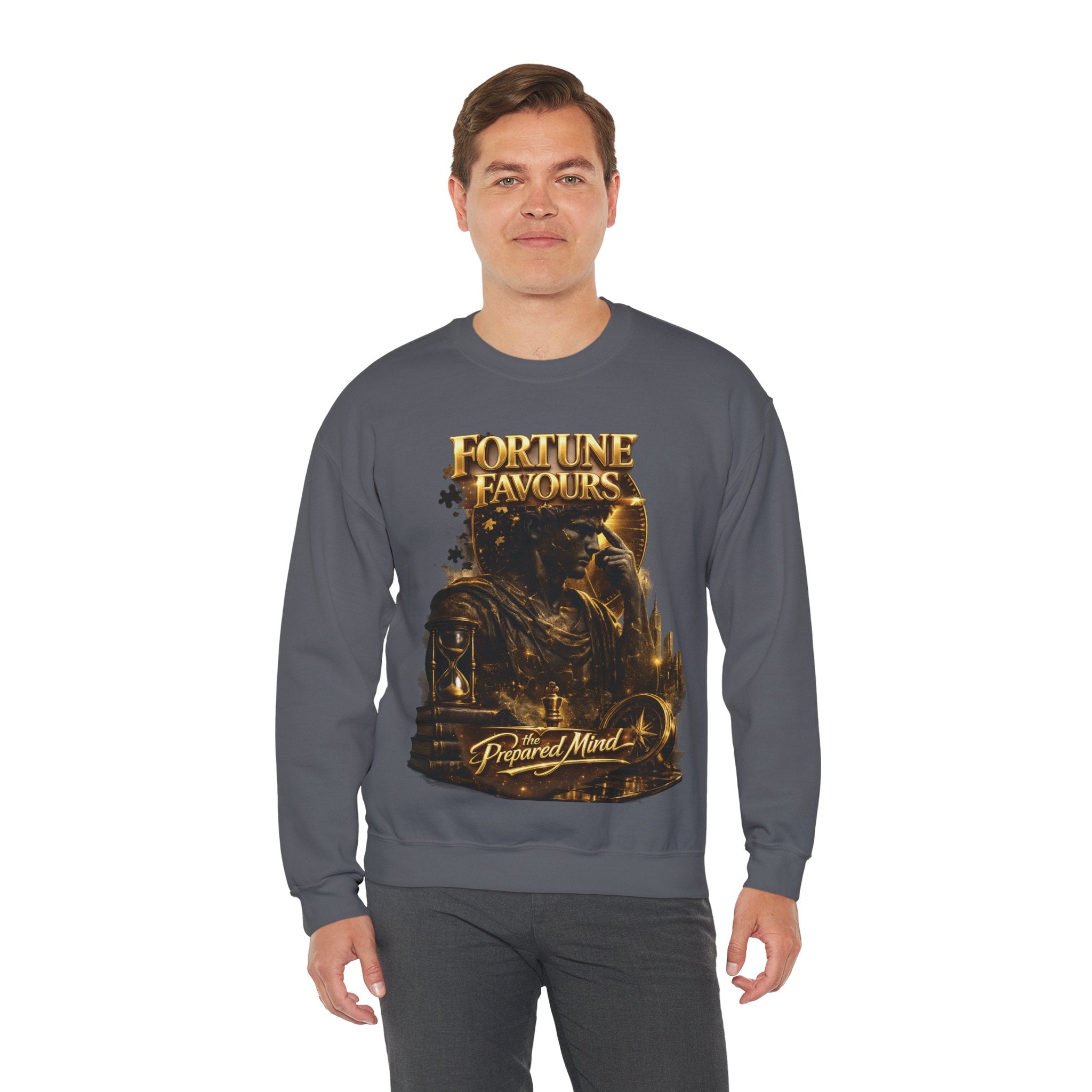 Crewneck Sweatshirt — "Fortune Favors the Prepared Mind" Motivational Design Printify