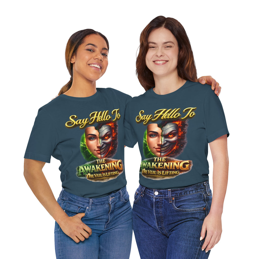 Horror Mask Split Face Tee — "Say Hello To Your Family and Friends" Graphic T-Shirt Printify