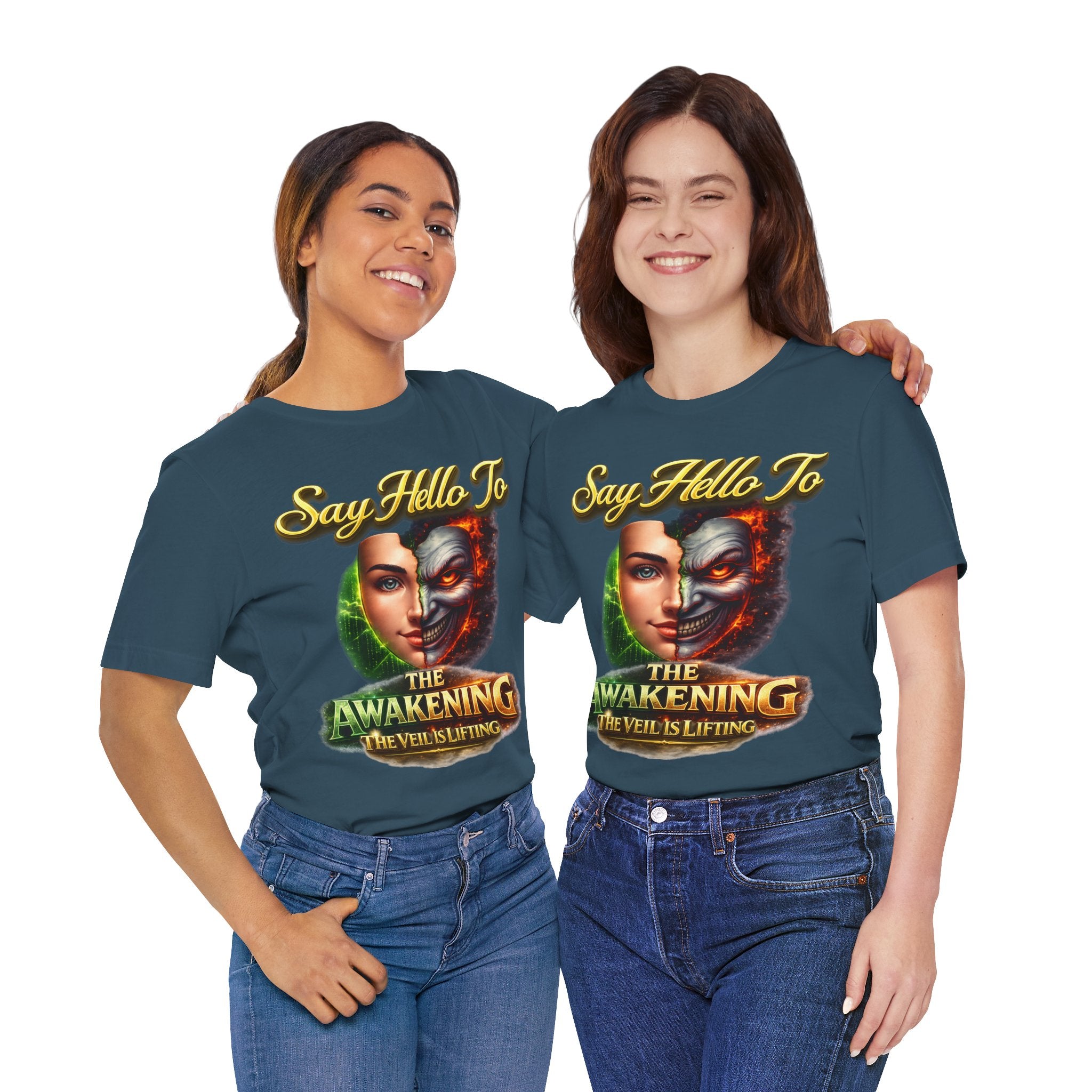 Horror Mask Split Face Tee — "Say Hello To Your Family and Friends" Graphic T-Shirt Printify