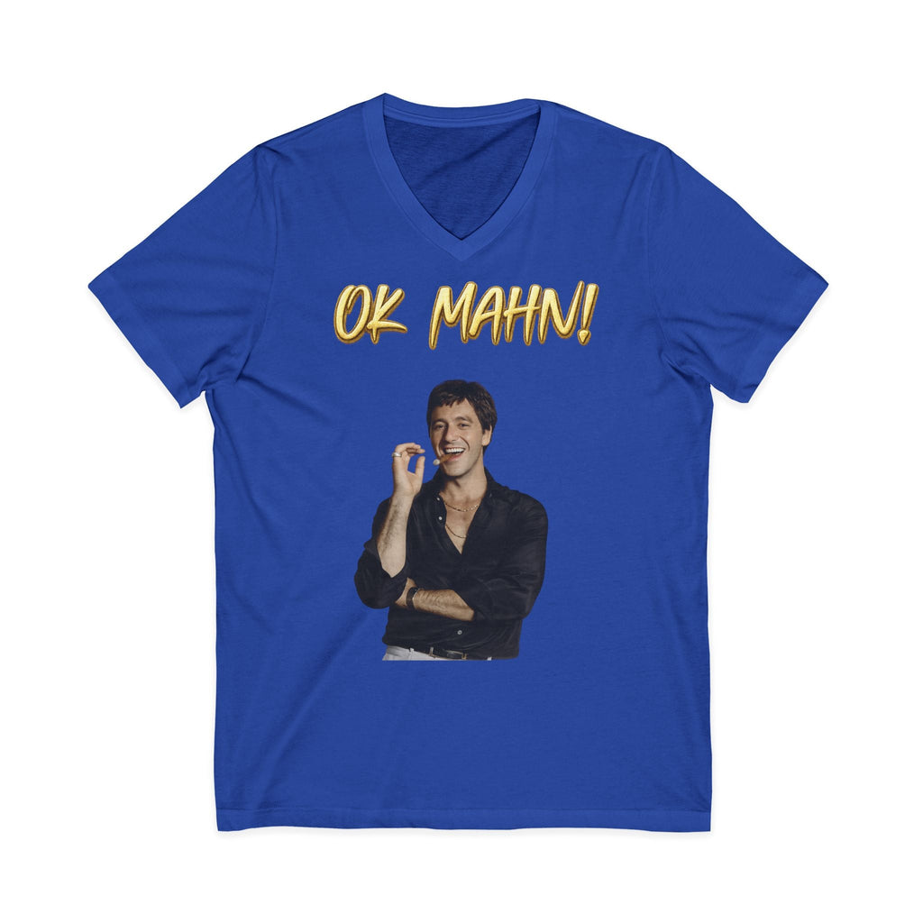 OK Mahn! V-Neck Tee — Vintage Laugh Meme T-Shirt Scarflace Studios Printify