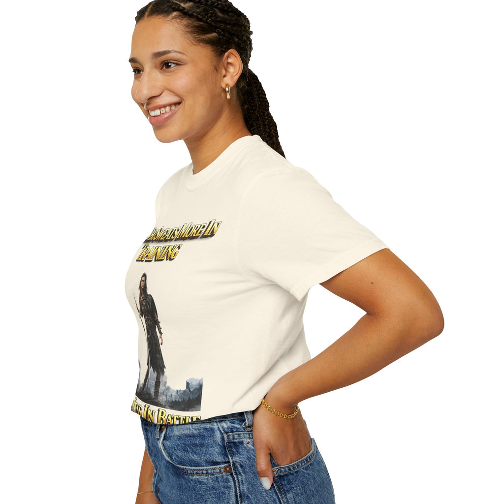 Training Warrior T-Shirt — "He Who Sweats More in Training Bleeds Less in Battle" Printify