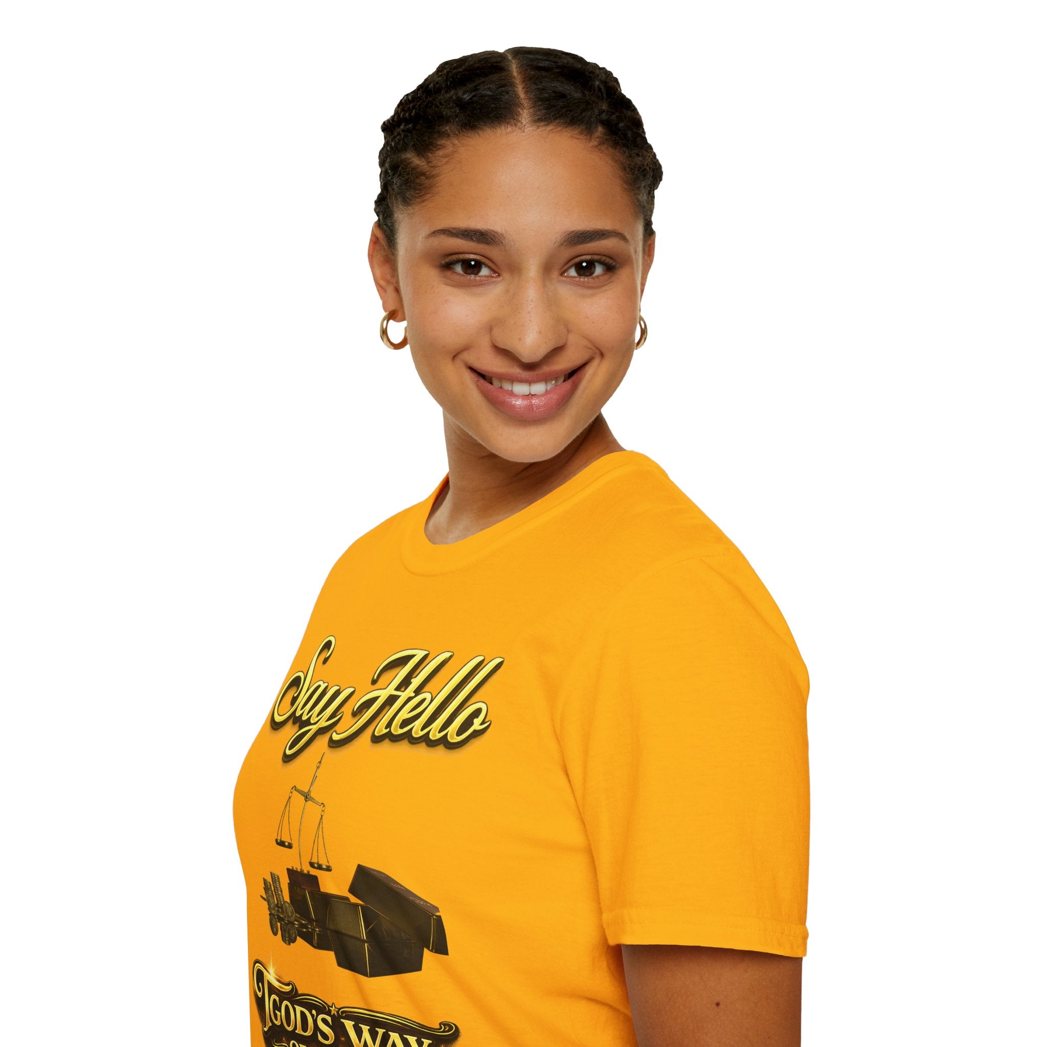 T-Shirt — "Say Hello" Money & Faith Graphic Tee (God's Way You Make Too Much Money) Printify