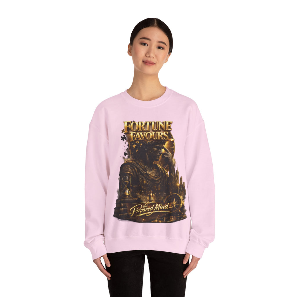 Crewneck Sweatshirt — "Fortune Favors the Prepared Mind" Motivational Design Printify