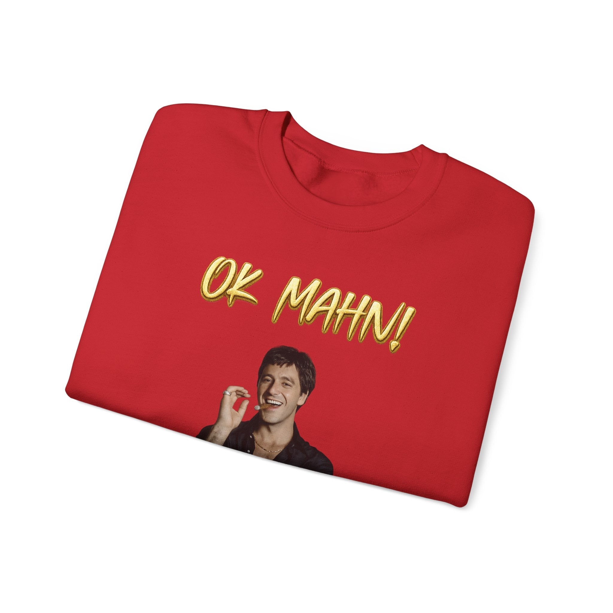 Crewneck Sweatshirt — 'Ok Mahn!' Gold Script Minimalist Streetwear Printify