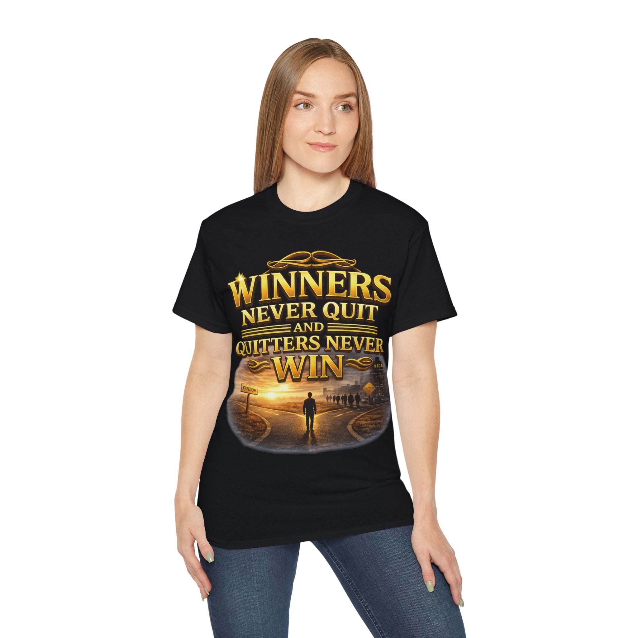 Winners Never Quit Inspirational Tee — Motivational Quote Shirt Printify