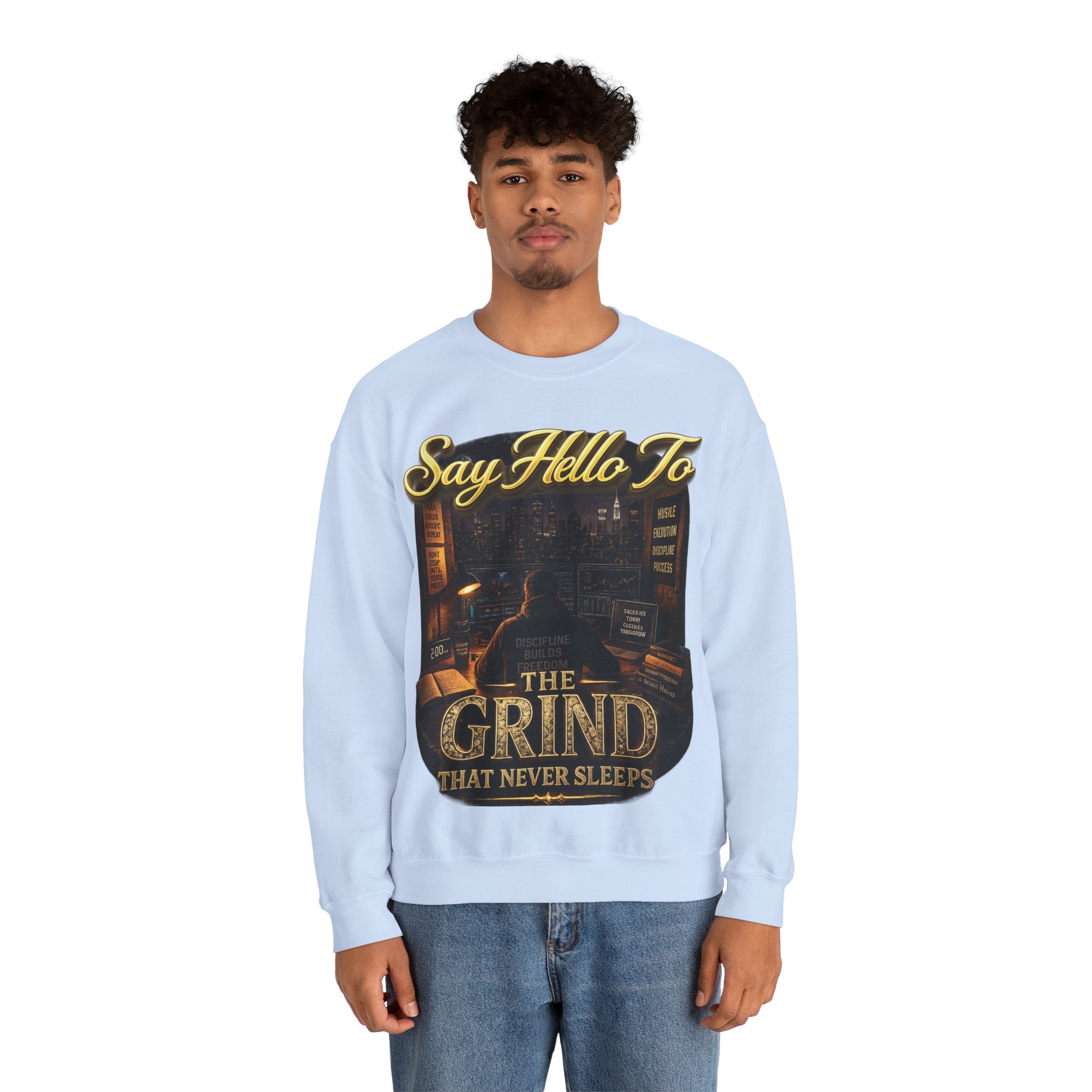 The Grind That Never Sleeps Crewneck Sweatshirt — Motivational Hustle Sweatshirt Printify