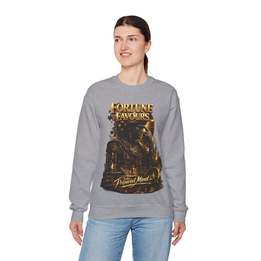 Crewneck Sweatshirt — "Fortune Favors the Prepared Mind" Motivational Design Printify
