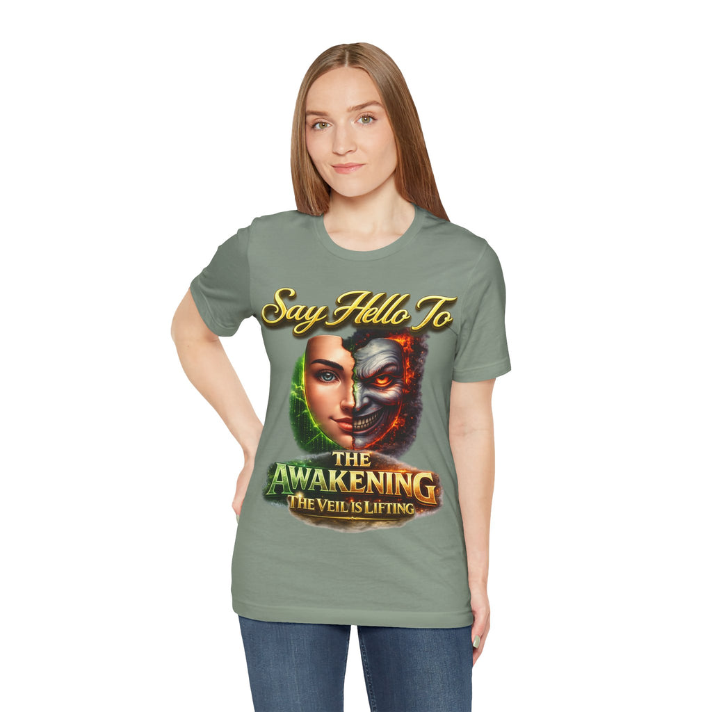 Horror Mask Split Face Tee — "Say Hello To Your Family and Friends" Graphic T-Shirt Printify
