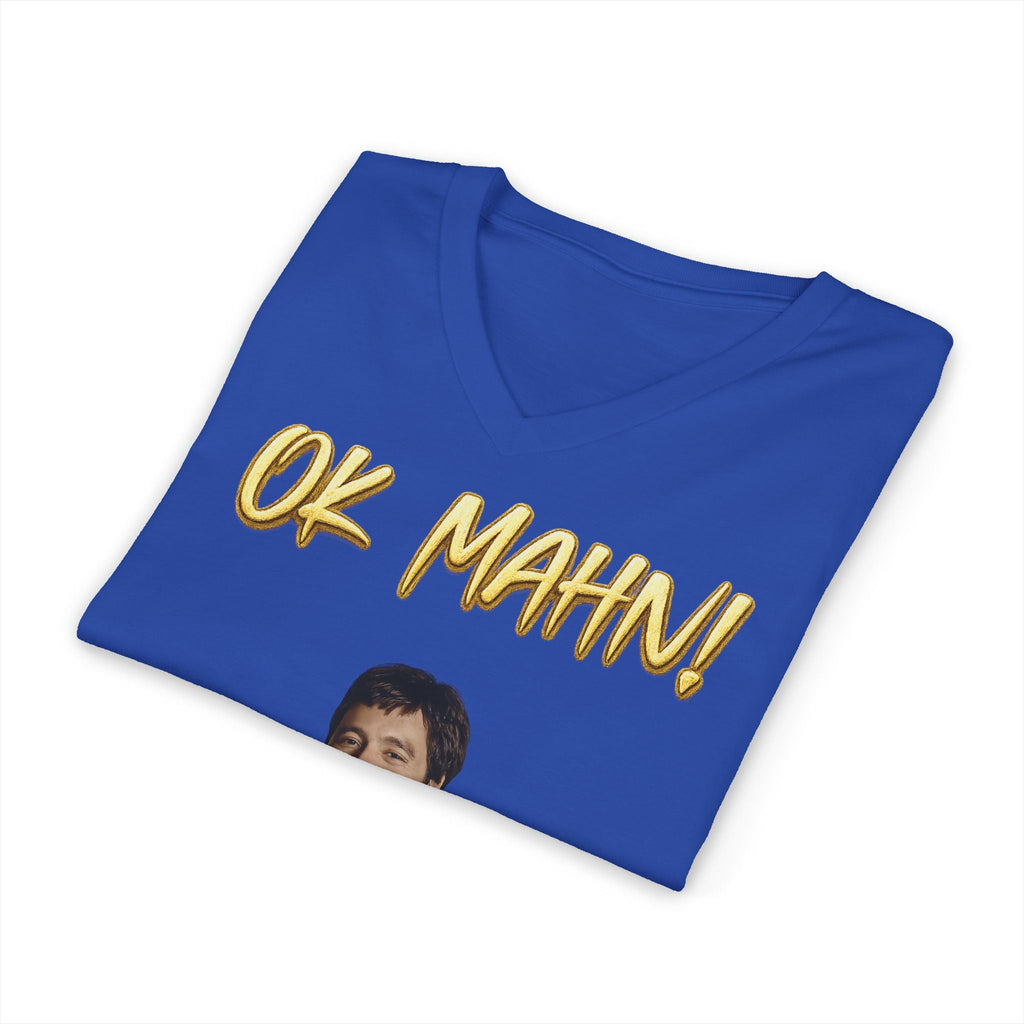 OK Mahn! V-Neck Tee — Vintage Laugh Meme T-Shirt Scarflace Studios Printify