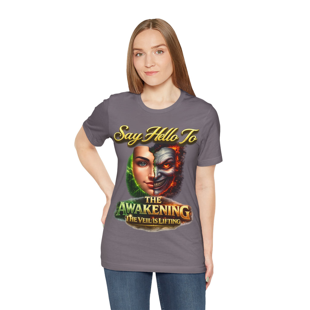 Horror Mask Split Face Tee — "Say Hello To Your Family and Friends" Graphic T-Shirt Printify