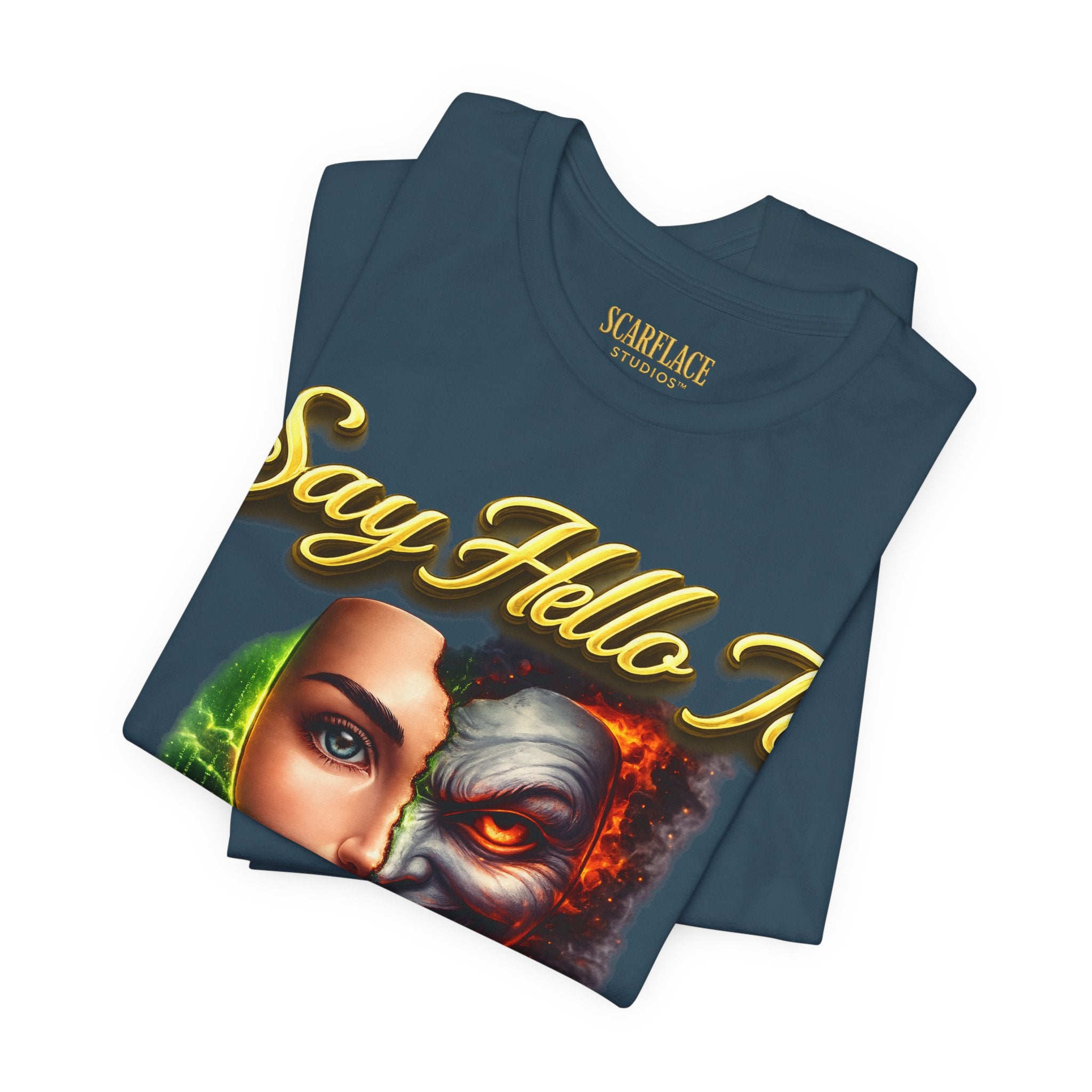 Horror Mask Split Face Tee — "Say Hello To Your Family and Friends" Graphic T-Shirt Printify