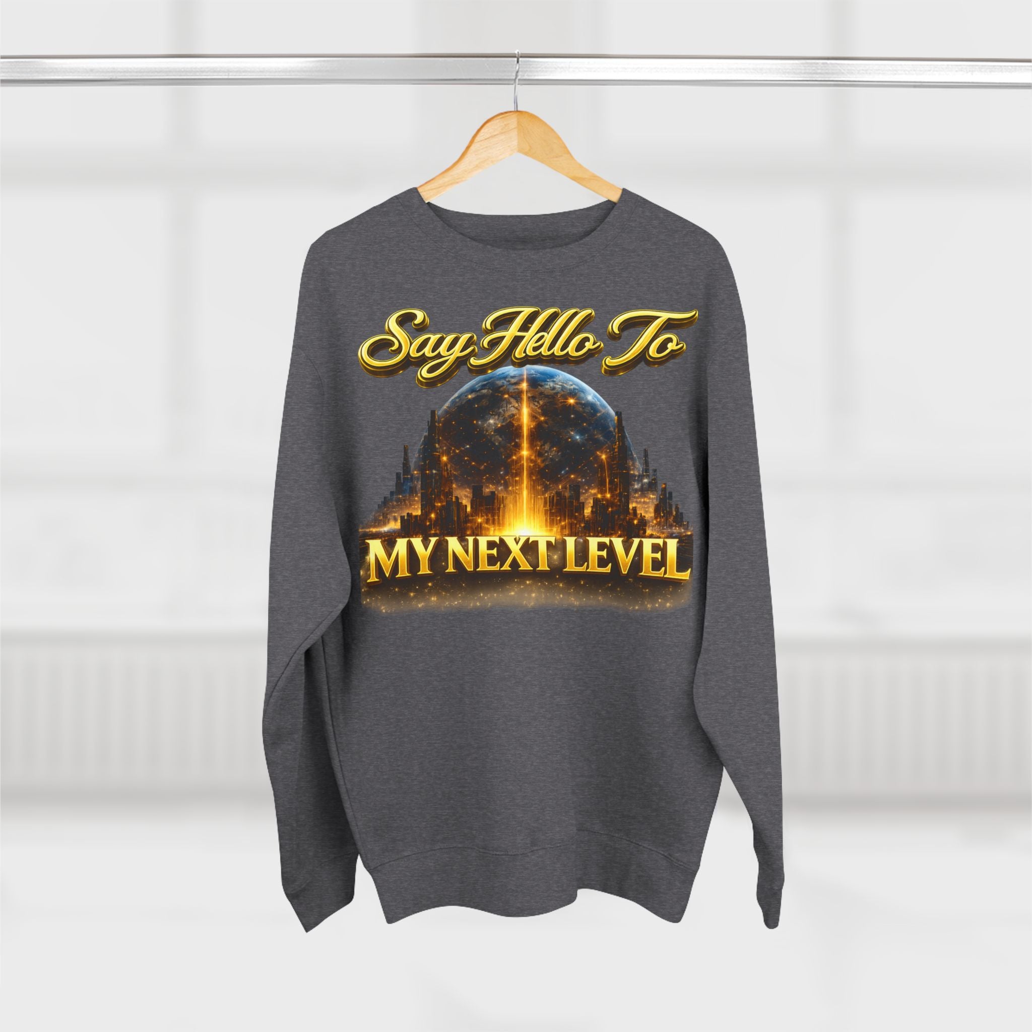 Crewneck Sweatshirt — "Say Hello to My Next Level" Golden Sci‑Fi City Graphic Printify