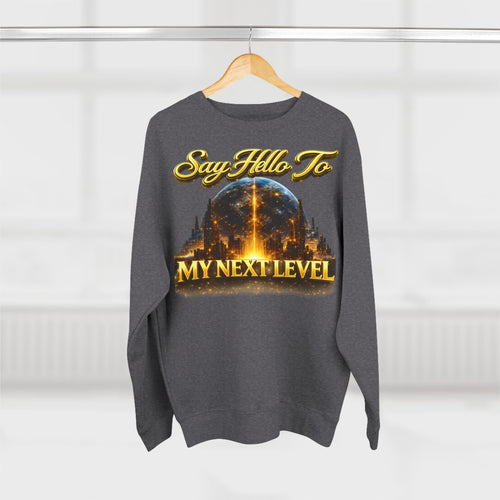 Crewneck Sweatshirt — "Say Hello to My Next Level" Golden Sci‑Fi City Graphic Printify