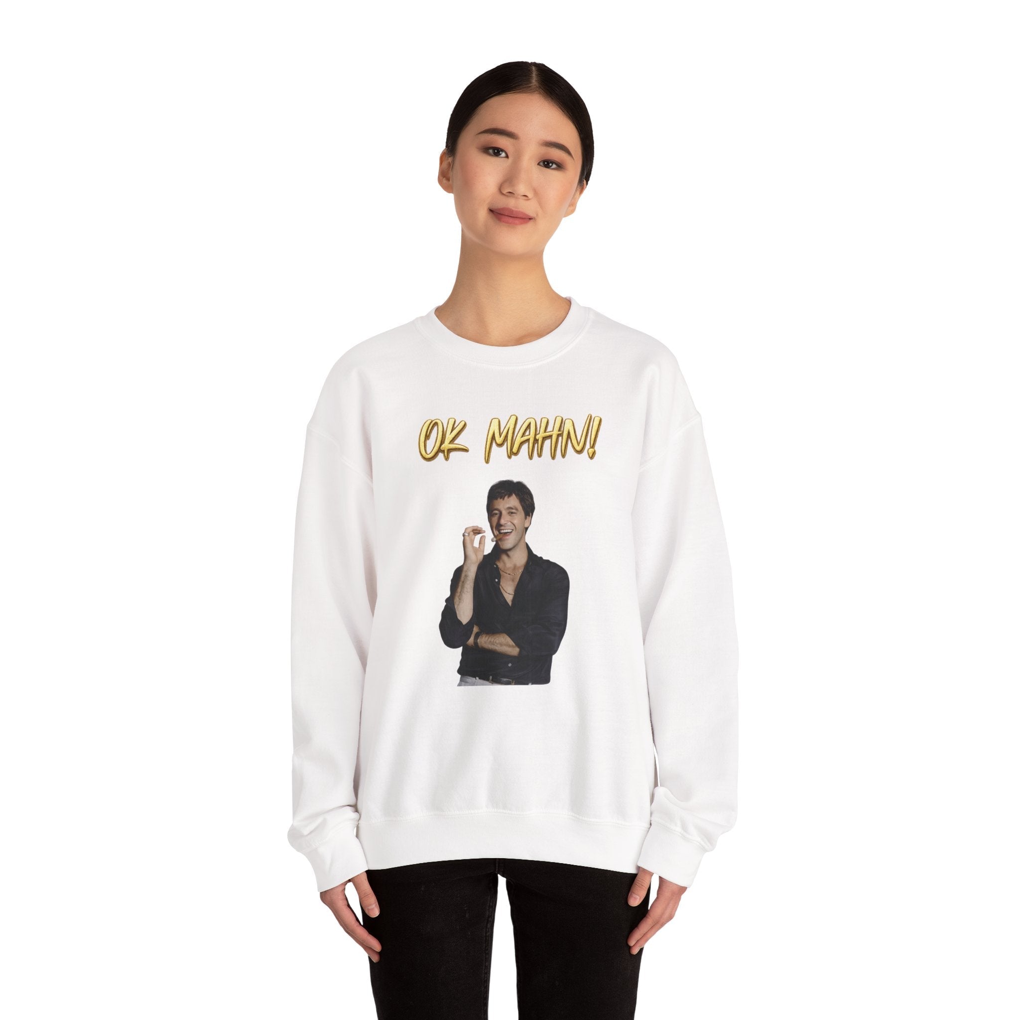 Crewneck Sweatshirt — 'Ok Mahn!' Gold Script Minimalist Streetwear Printify