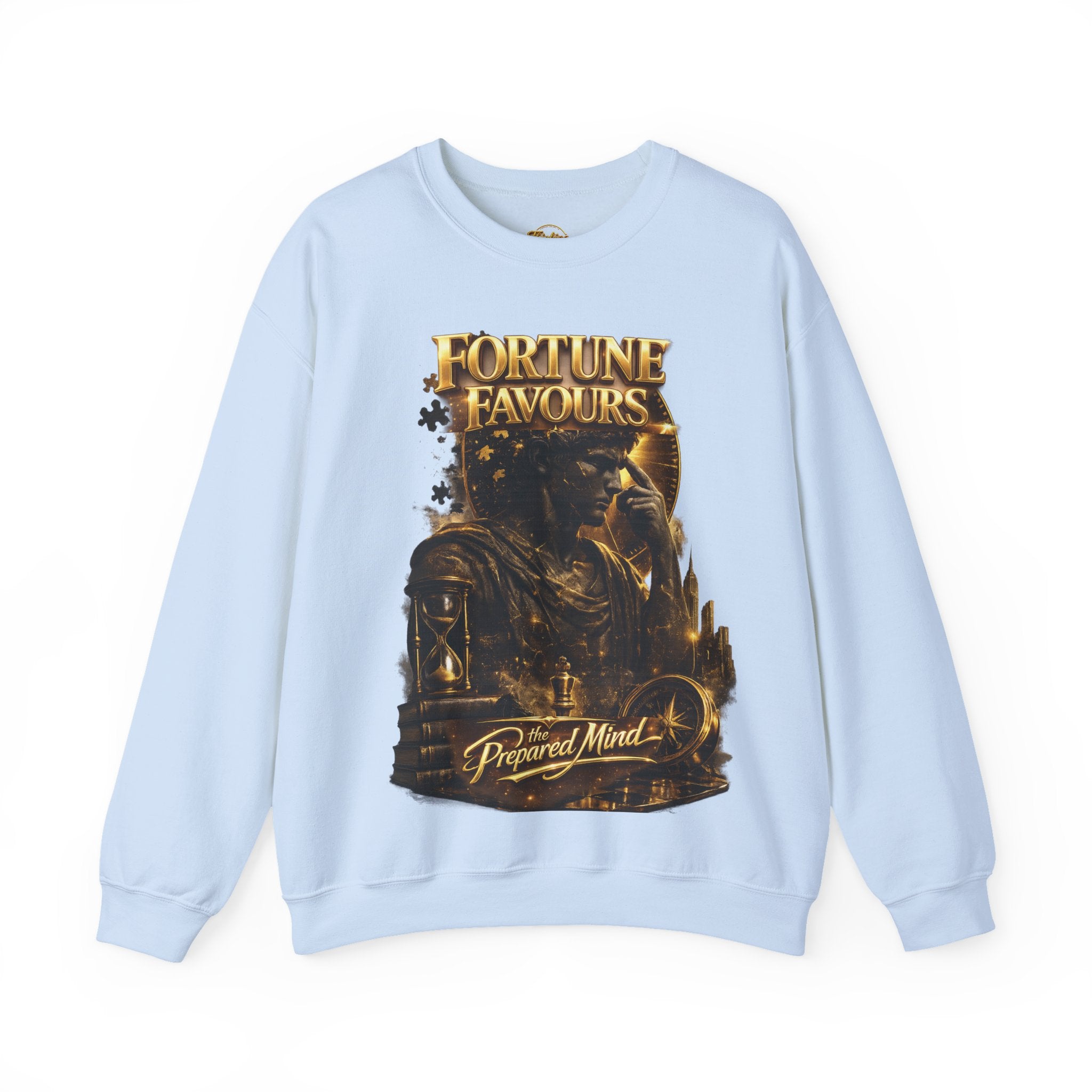 Crewneck Sweatshirt — "Fortune Favors the Prepared Mind" Motivational Design Printify