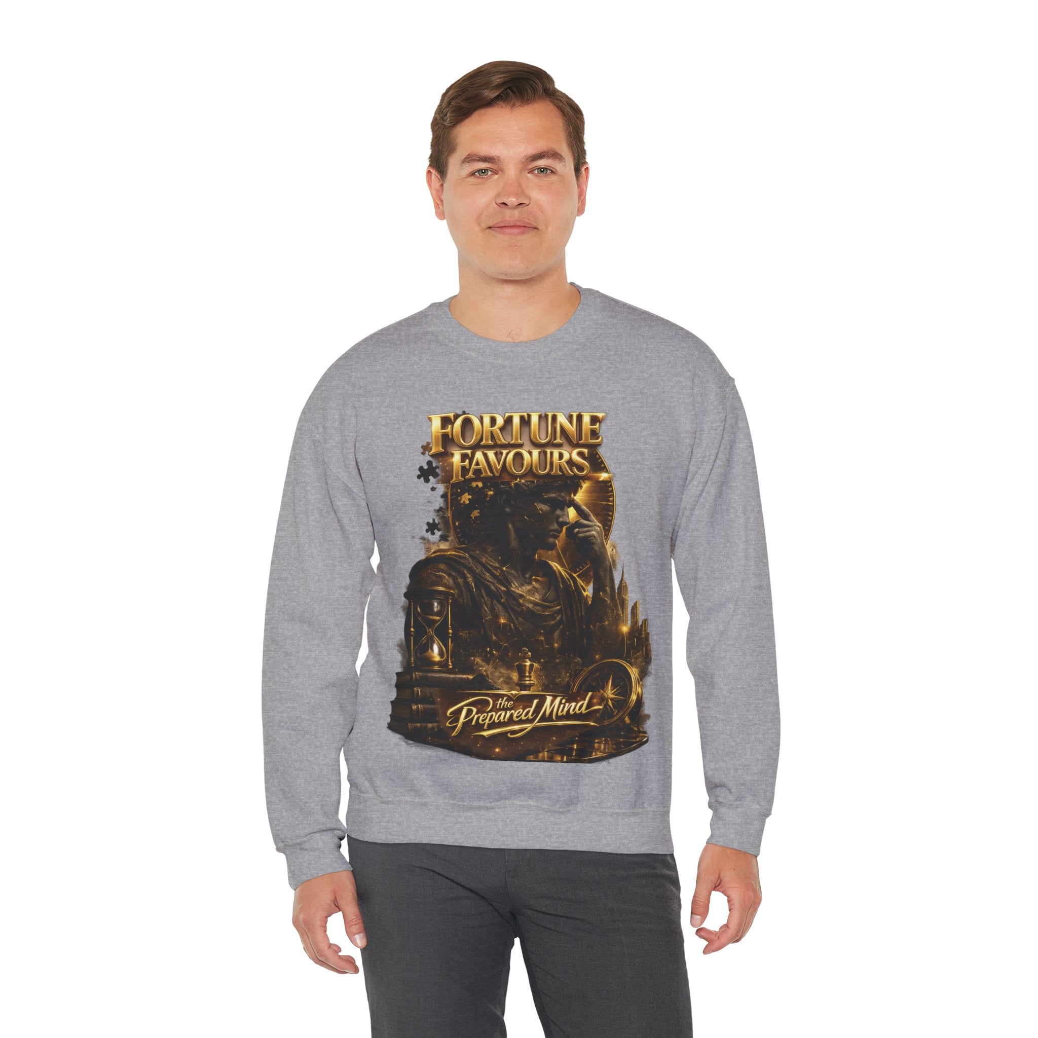 Crewneck Sweatshirt — "Fortune Favors the Prepared Mind" Motivational Design Printify