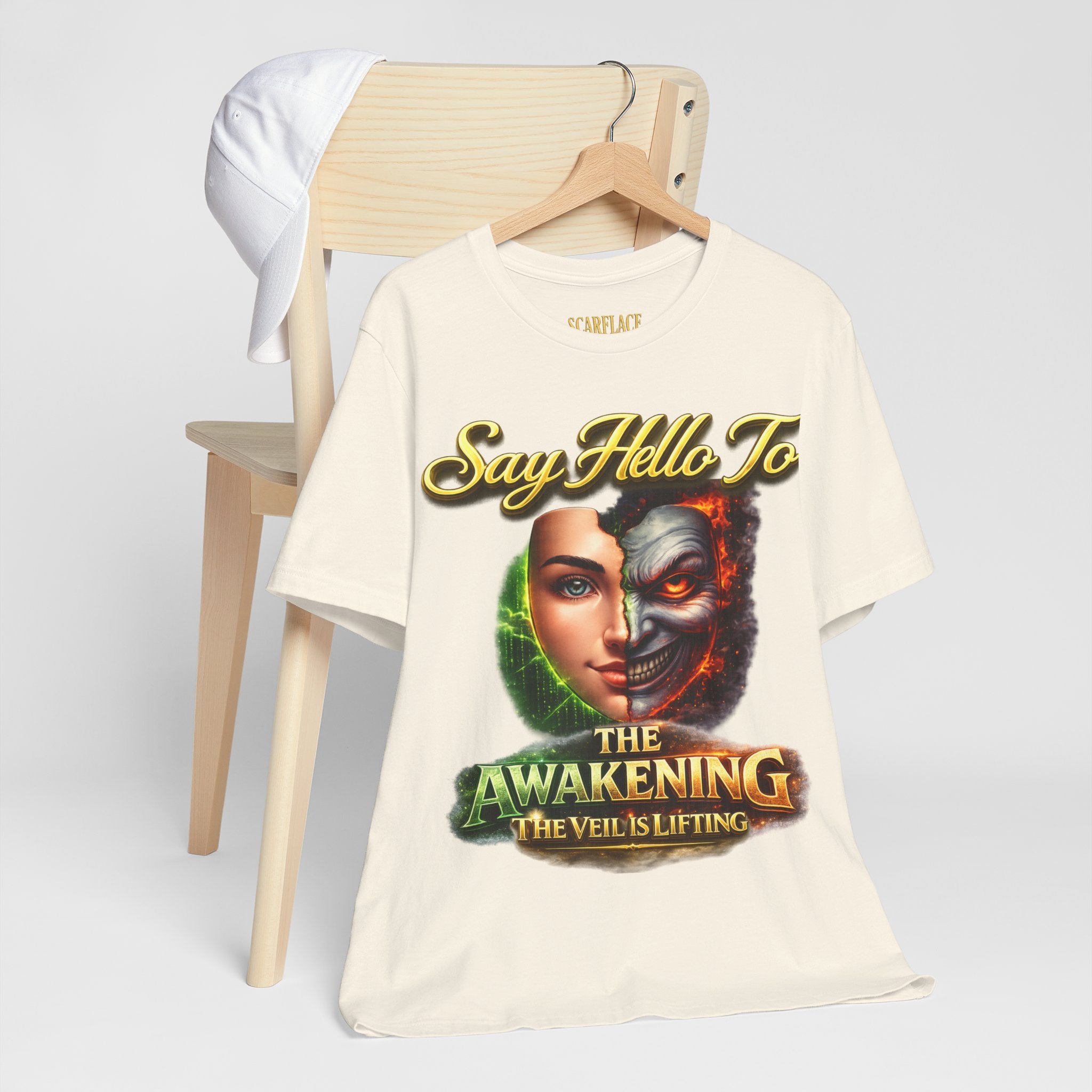 Horror Mask Split Face Tee — "Say Hello To Your Family and Friends" Graphic T-Shirt Printify