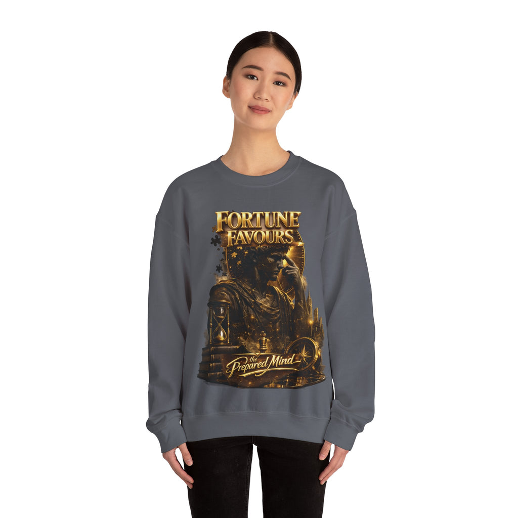 Crewneck Sweatshirt — "Fortune Favors the Prepared Mind" Motivational Design Printify